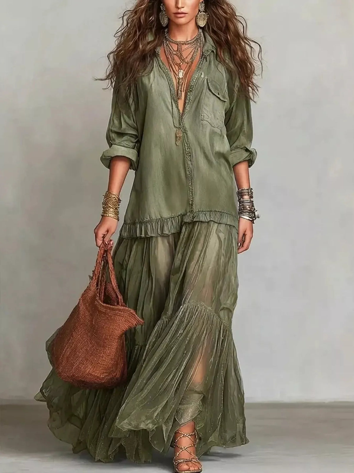 Full Size Tiered Long Sleeve Denim Shirt Maxi Dress Plus Size - Draped in Grace