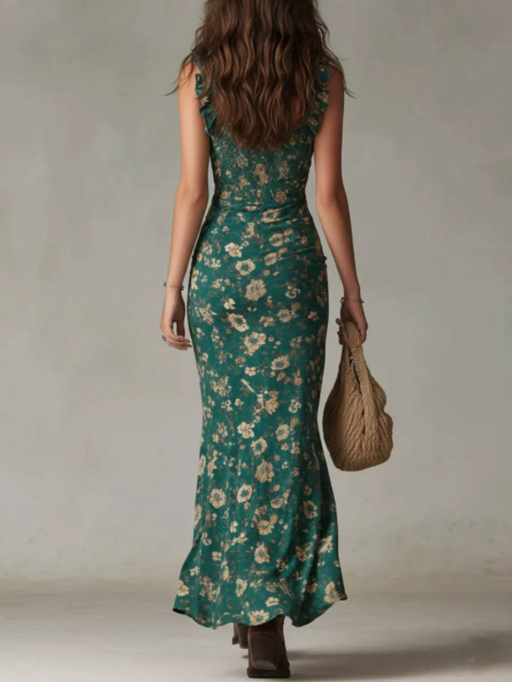 Full Size Floral Smocked Ruffle High-Low Maxi Dress Plus Size - Draped in Grace