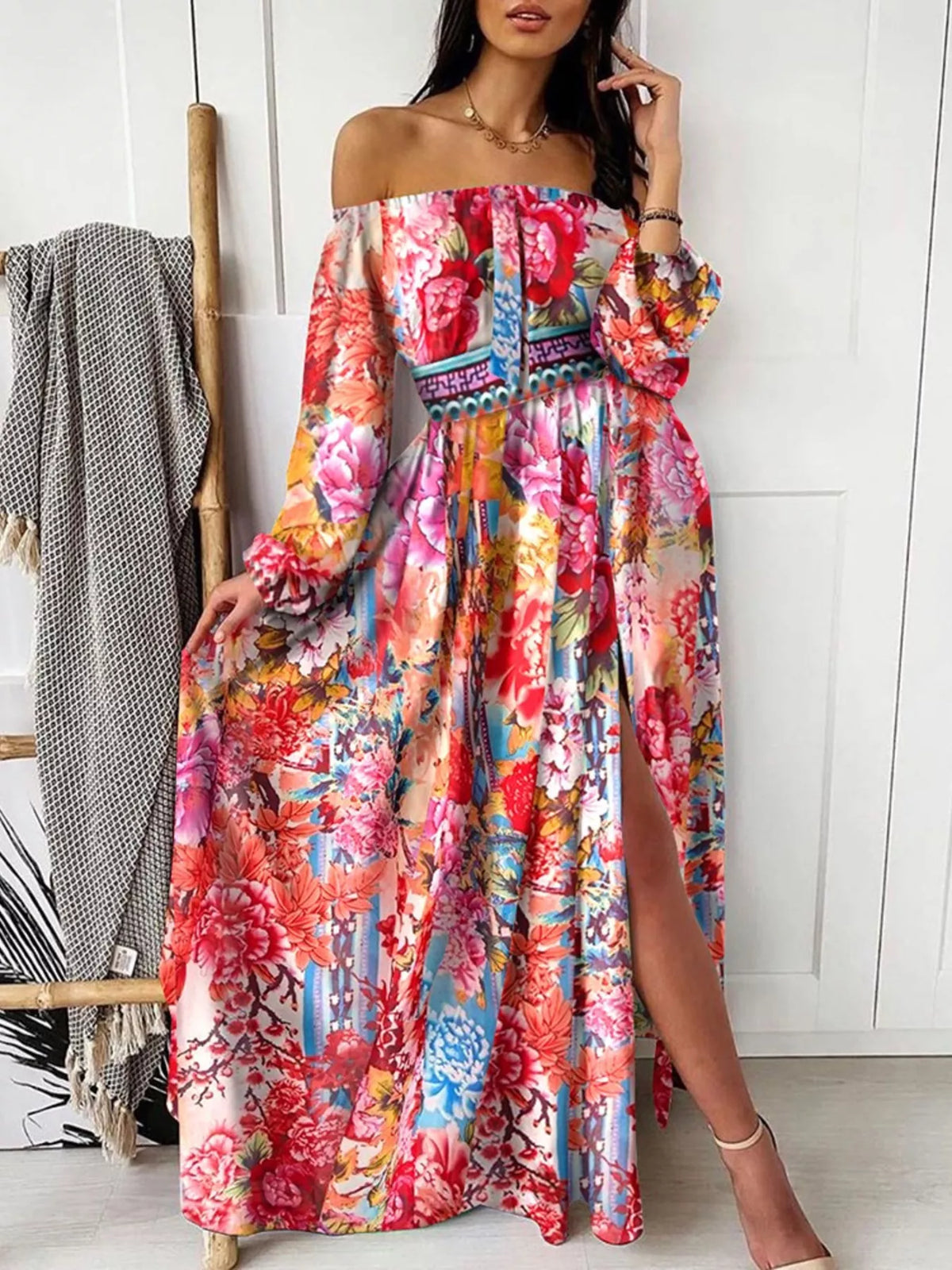 Slit Printed Off Shoulder Maxi Dress - Draped in Grace