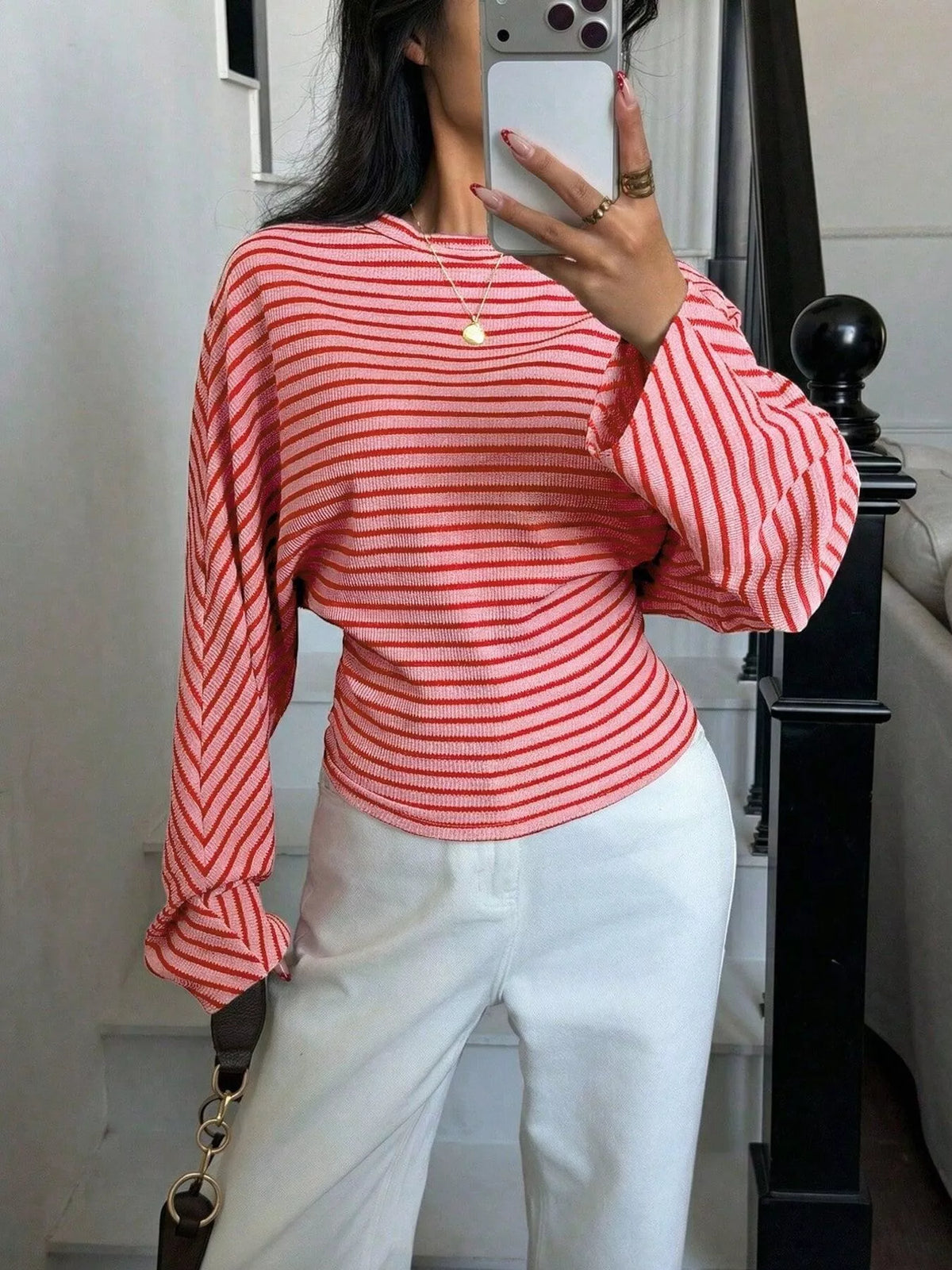 Casual Striped Batwing Sleeve T-Shirt - Draped in Grace