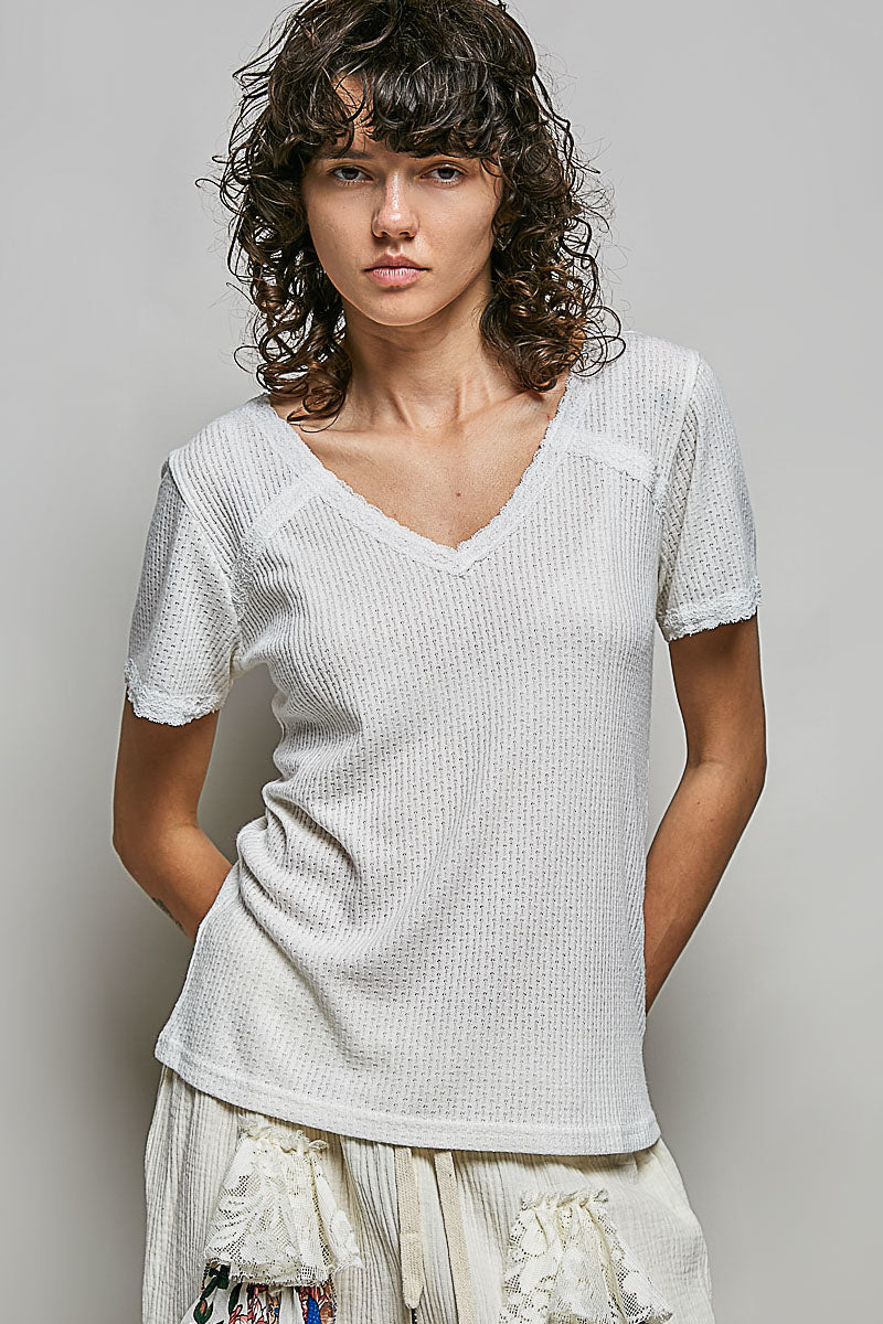 POL Lace Detail V-Neck Short Sleeve Textured T-Shirt - Draped in Grace