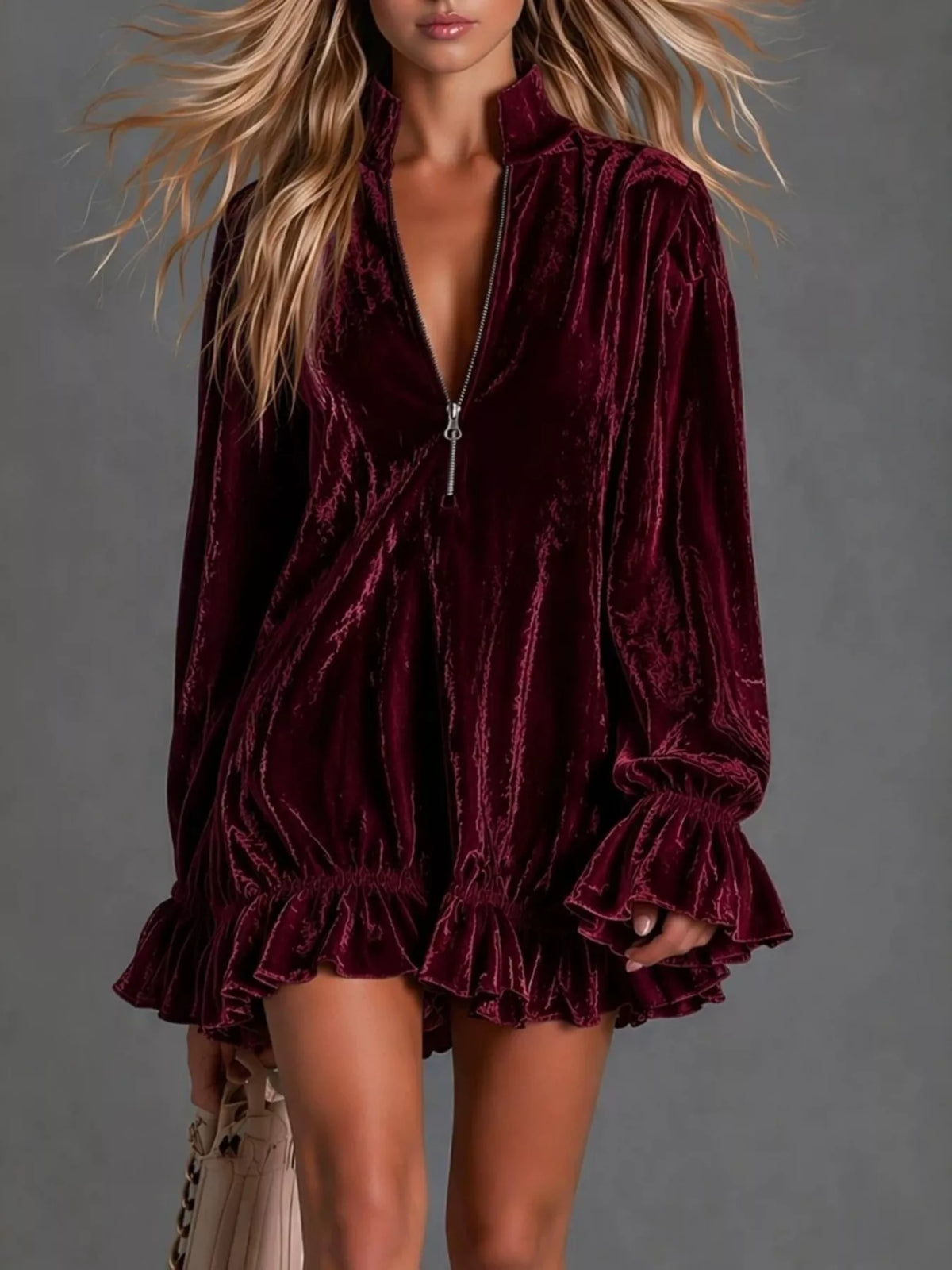 Full Size Zip-Front Ruffle Hem Mini Dress Plus Size - Draped in Grace