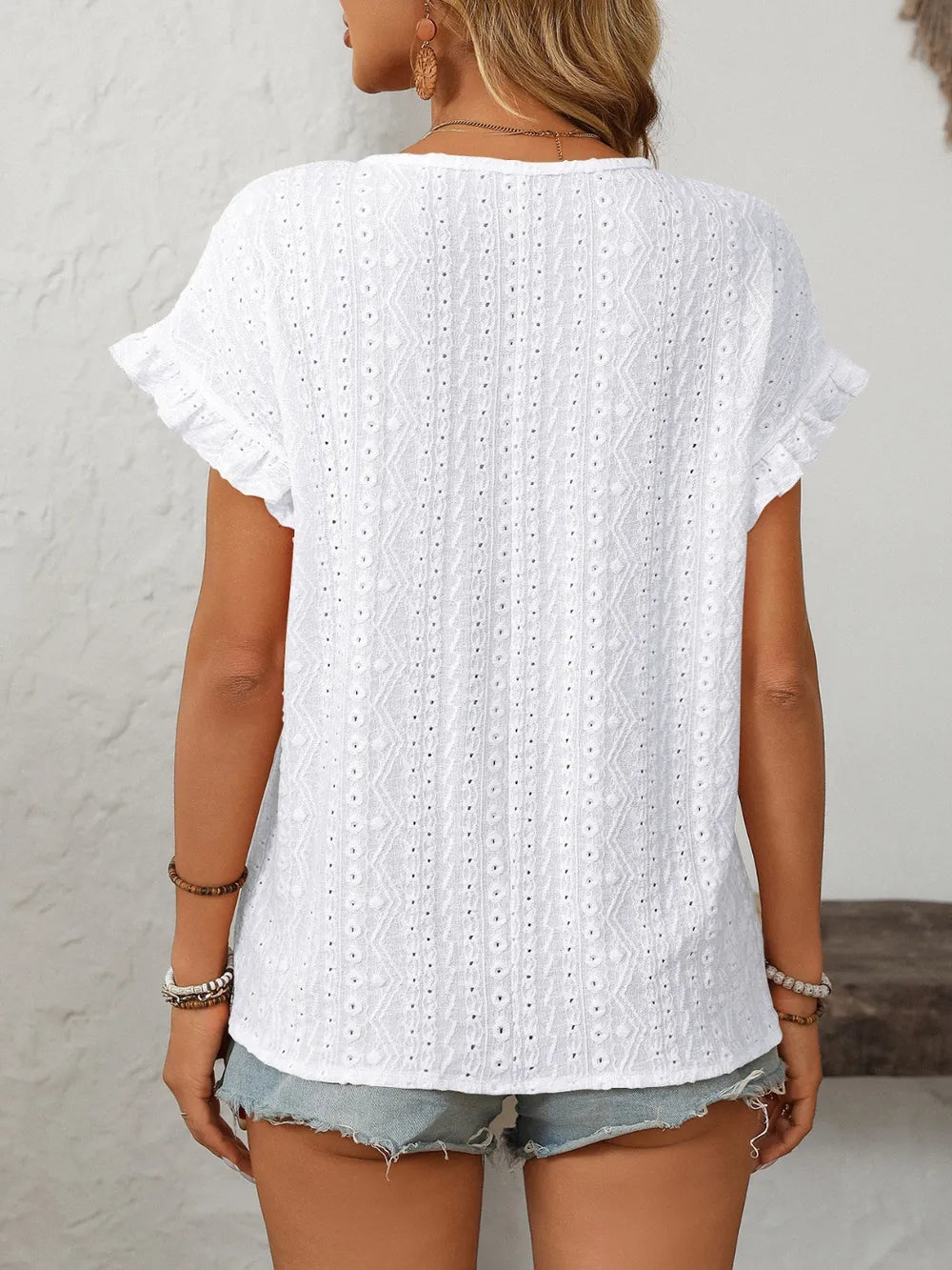Mandy Eyelet Round Neck Short Sleeve Top - Draped in Grace