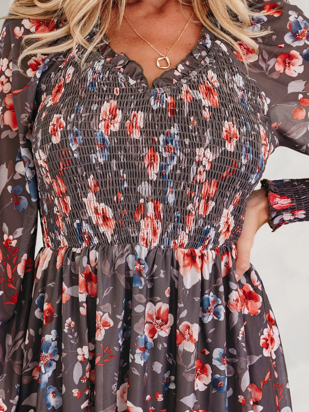 Frilly Smocked Bodice Floral Mesh Long Sleeve Mini Dress - Draped in Grace