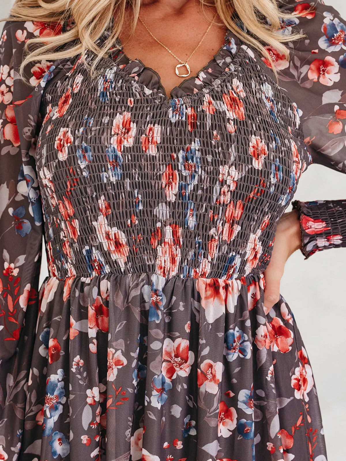 Frilly Smocked Bodice Floral Mesh Long Sleeve Mini Dress - Draped in Grace