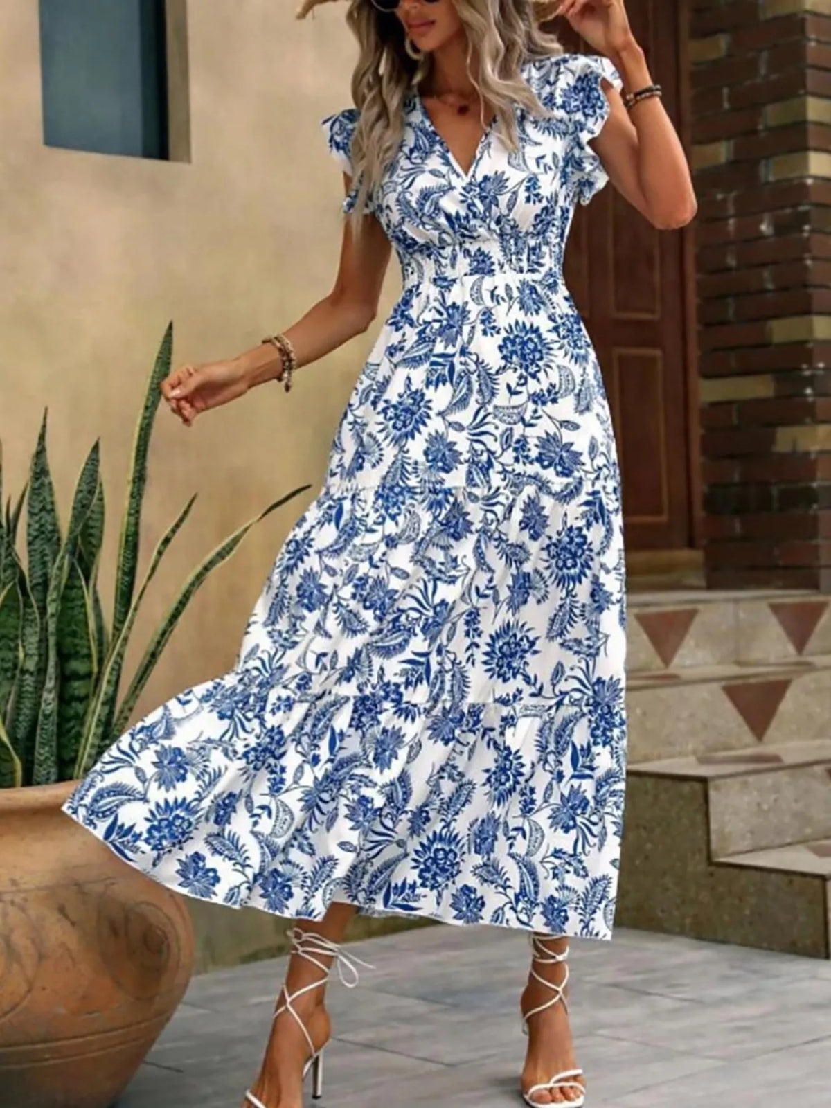 Floral Print Ruffle Sleeve Midi Dress - Draped in Grace