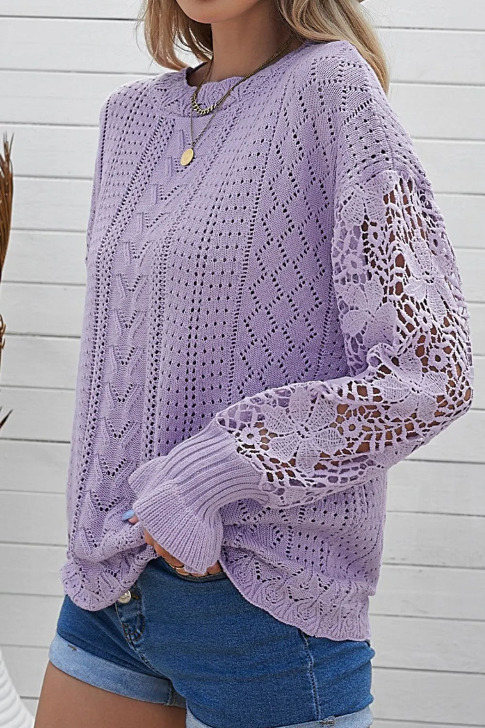 Openwork Round Neck Long Sleeve Sweater - Draped in Grace