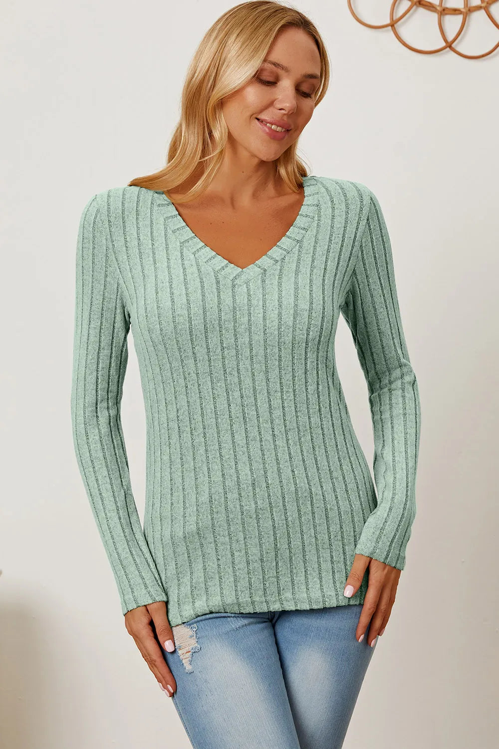Basic Bae Full Size Ribbed V-Neck Long Sleeve T-Shirt - Draped in Grace