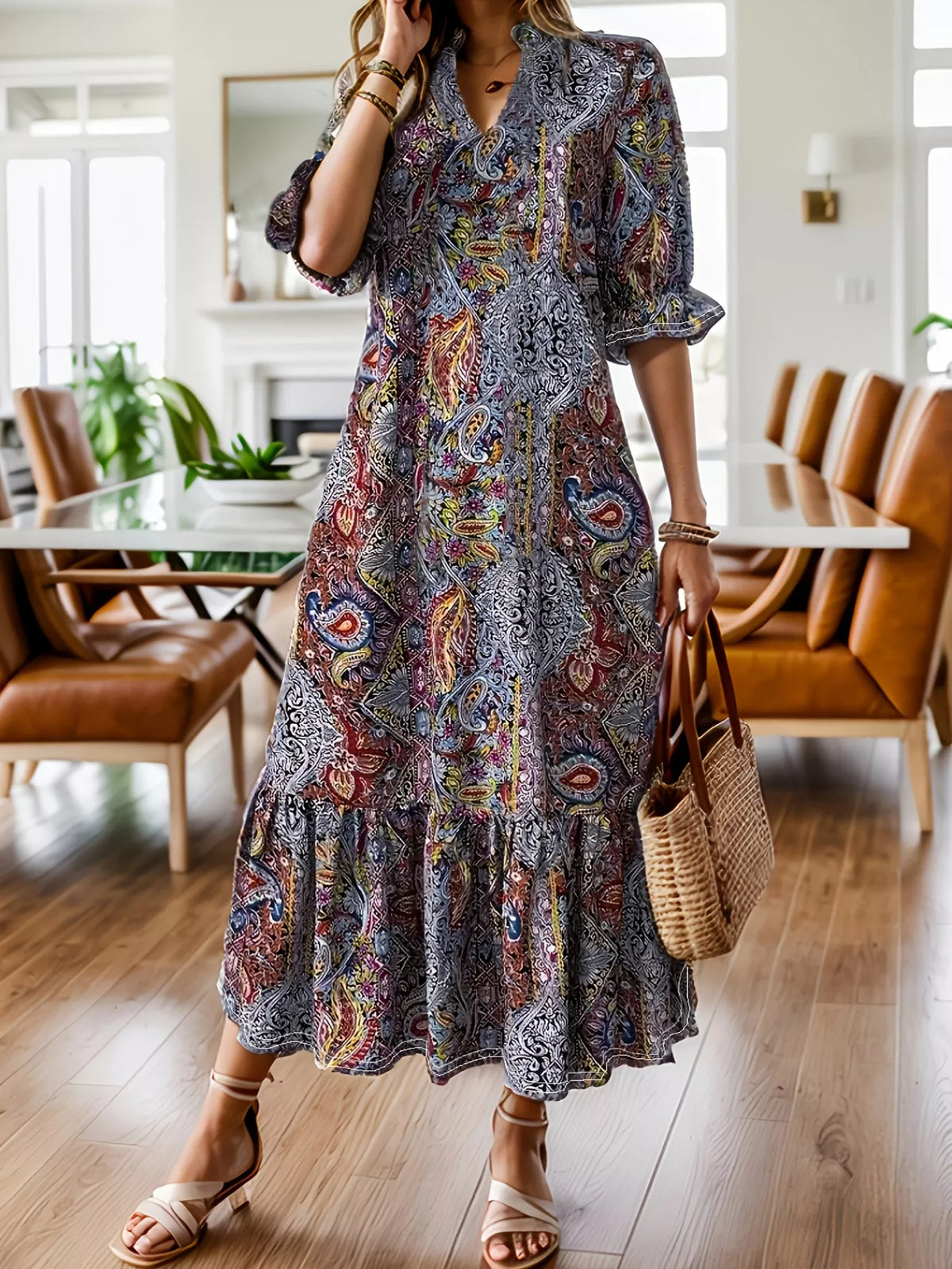 Full Size Bohemian Paisley Print Ruffle Hem Midi Dress Plus Size - Draped in Grace