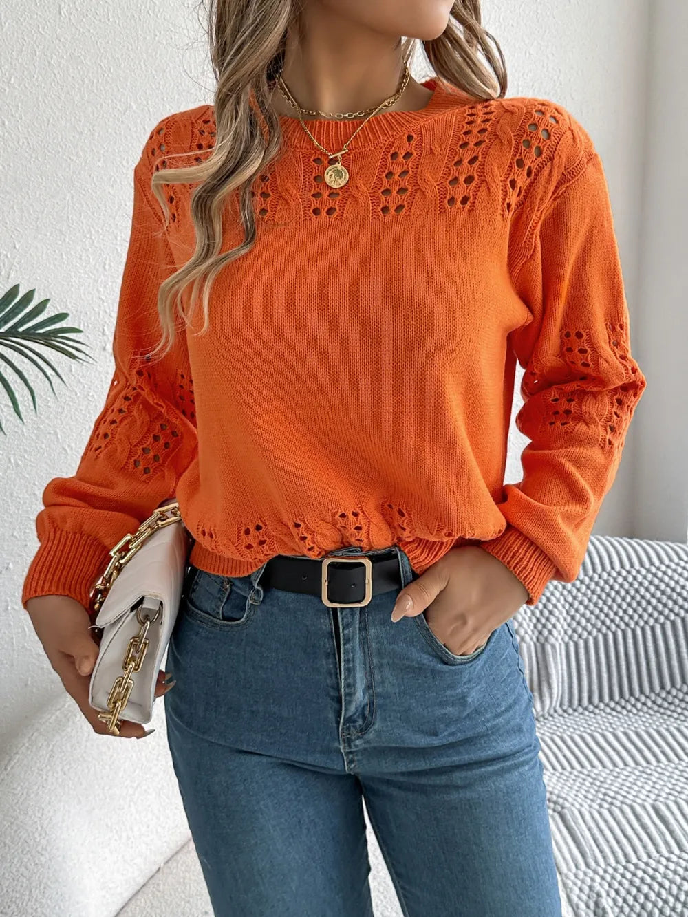 Openwork Round Neck Long Sleeve Sweater - Draped in Grace