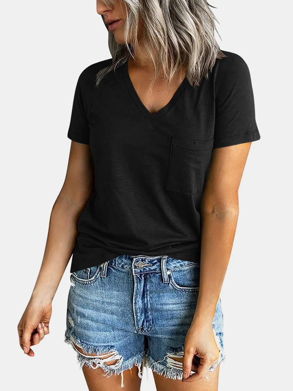 Pocketed V-Neck Short Sleeve T-Shirt - Draped in Grace