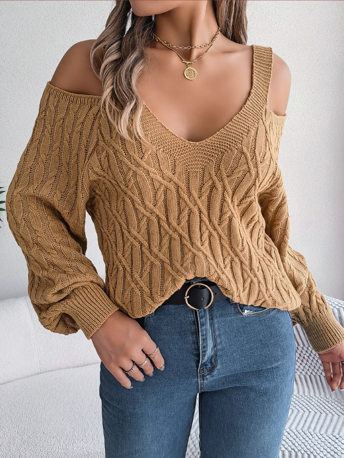 Women Casual Solid Color Cable Knit Off-Shoulder Lantern Sleeve Sweater - Draped in Grace