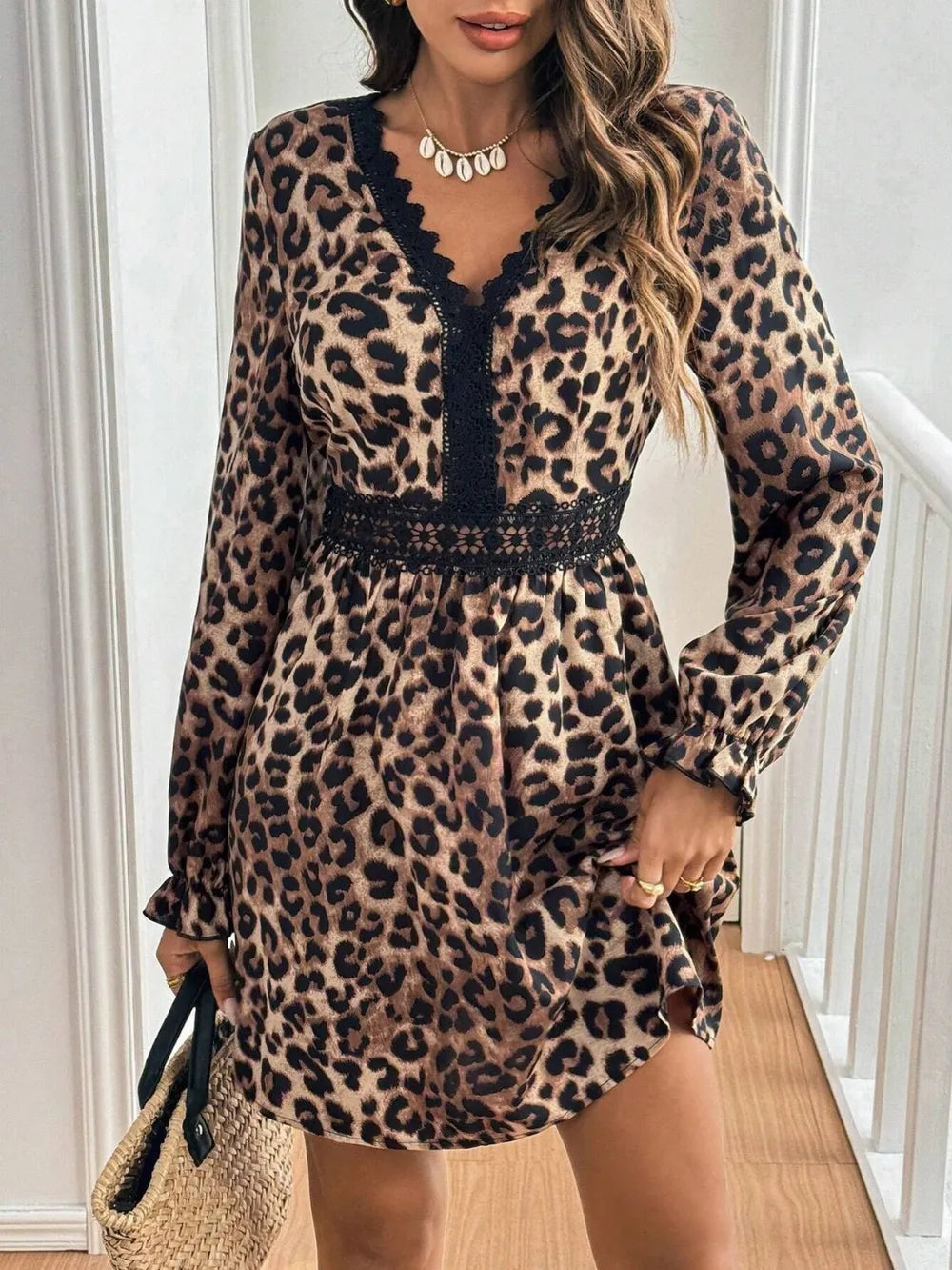 Lace Detail Leopard Flounce Sleeve Mini Dress - Draped in Grace