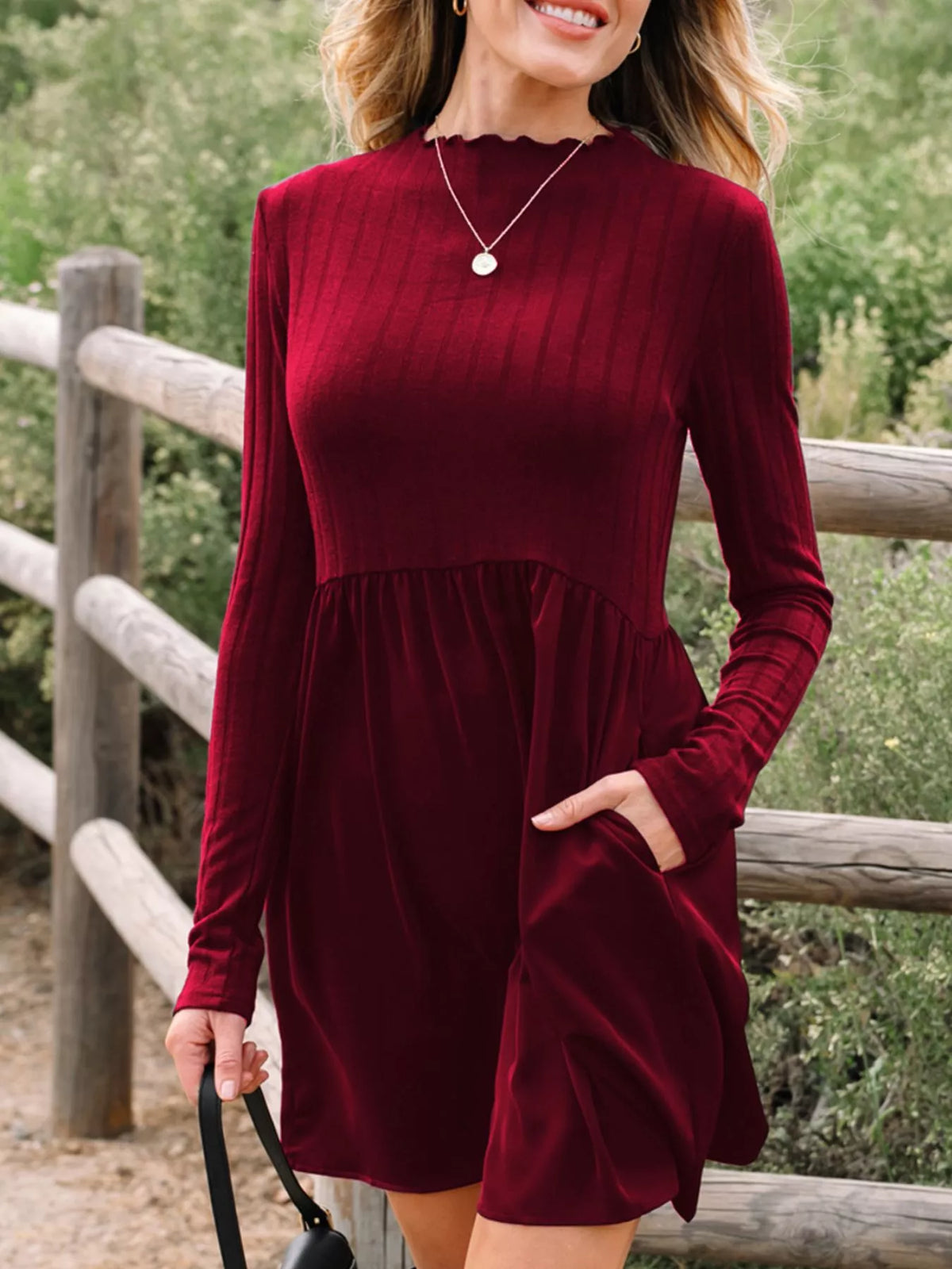 Frilled Neck Ribbed Knit Patchwork Long Sleeve Mini Dress - Draped in Grace