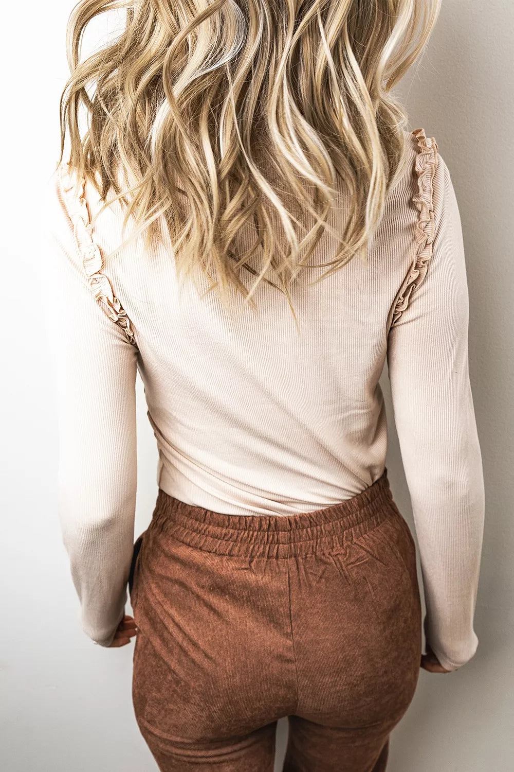 Solid Color Round Neck Frill Detail Long Sleeve Top - Draped in Grace