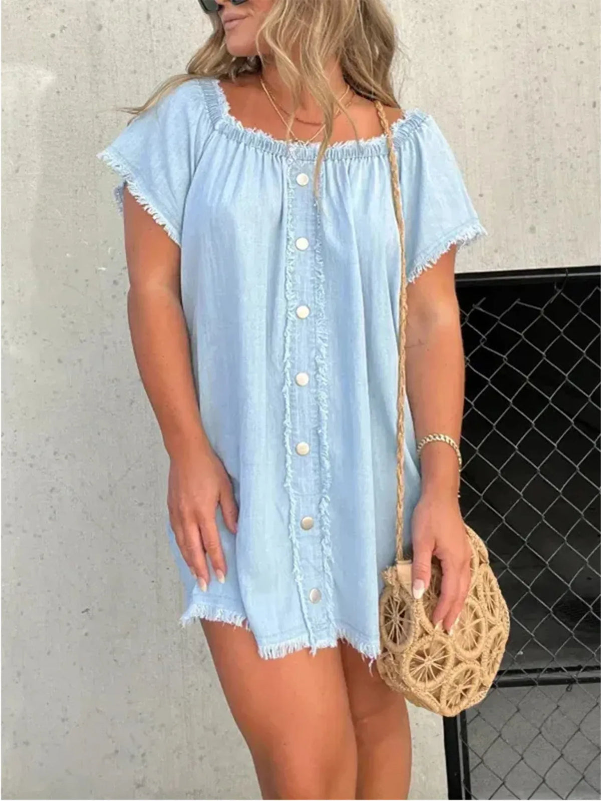 Full Size Raw Hem Mini Denim Dress Plus Size - Draped in Grace