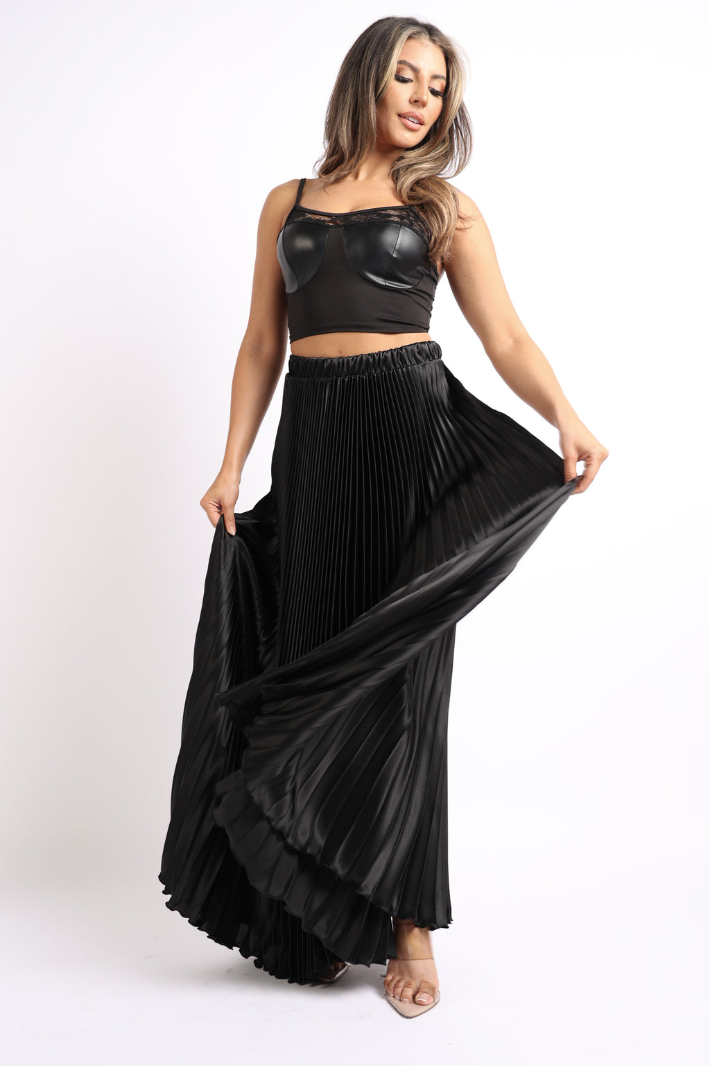 High Waist A-Line Pleated Satin Maxi Skirt BLACK