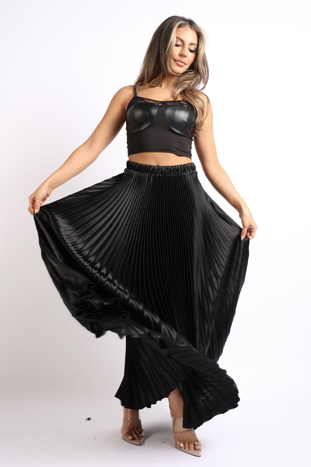 High Waist A-Line Pleated Satin Maxi Skirt BLACK