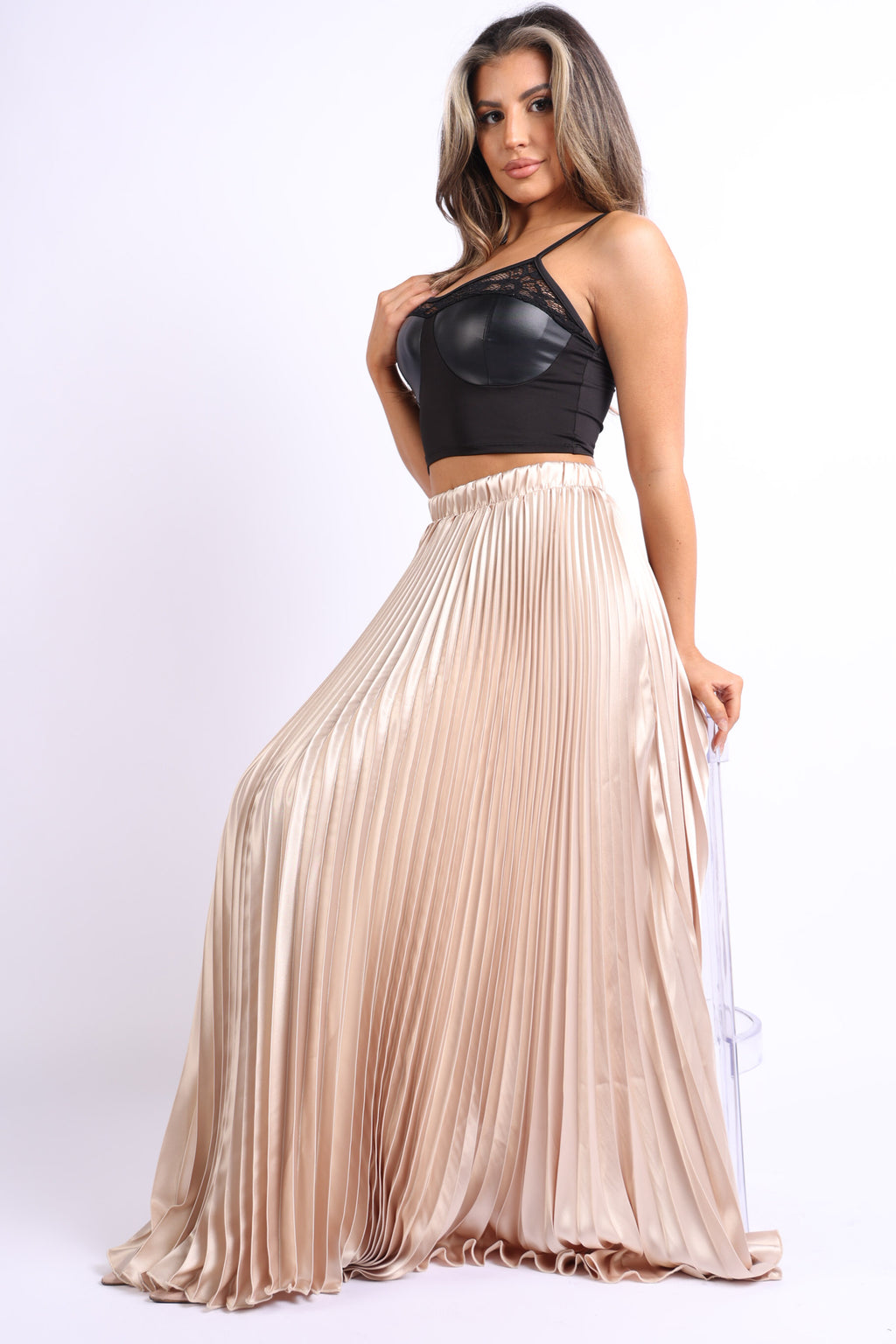 Elastic High Waist A-Line Pleated Satin Maxi Skirt