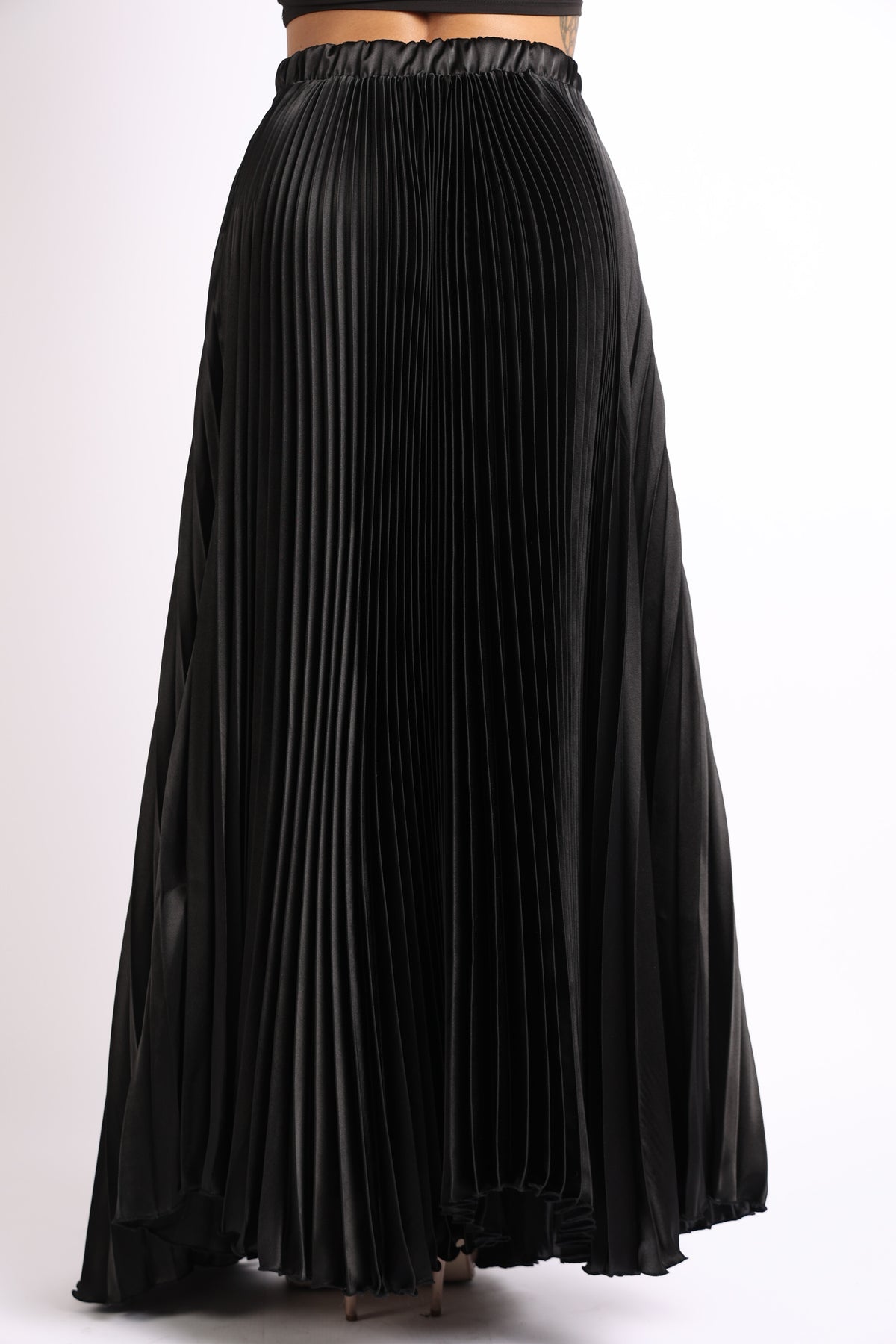High Waist A-Line Pleated Satin Maxi Skirt BLACK