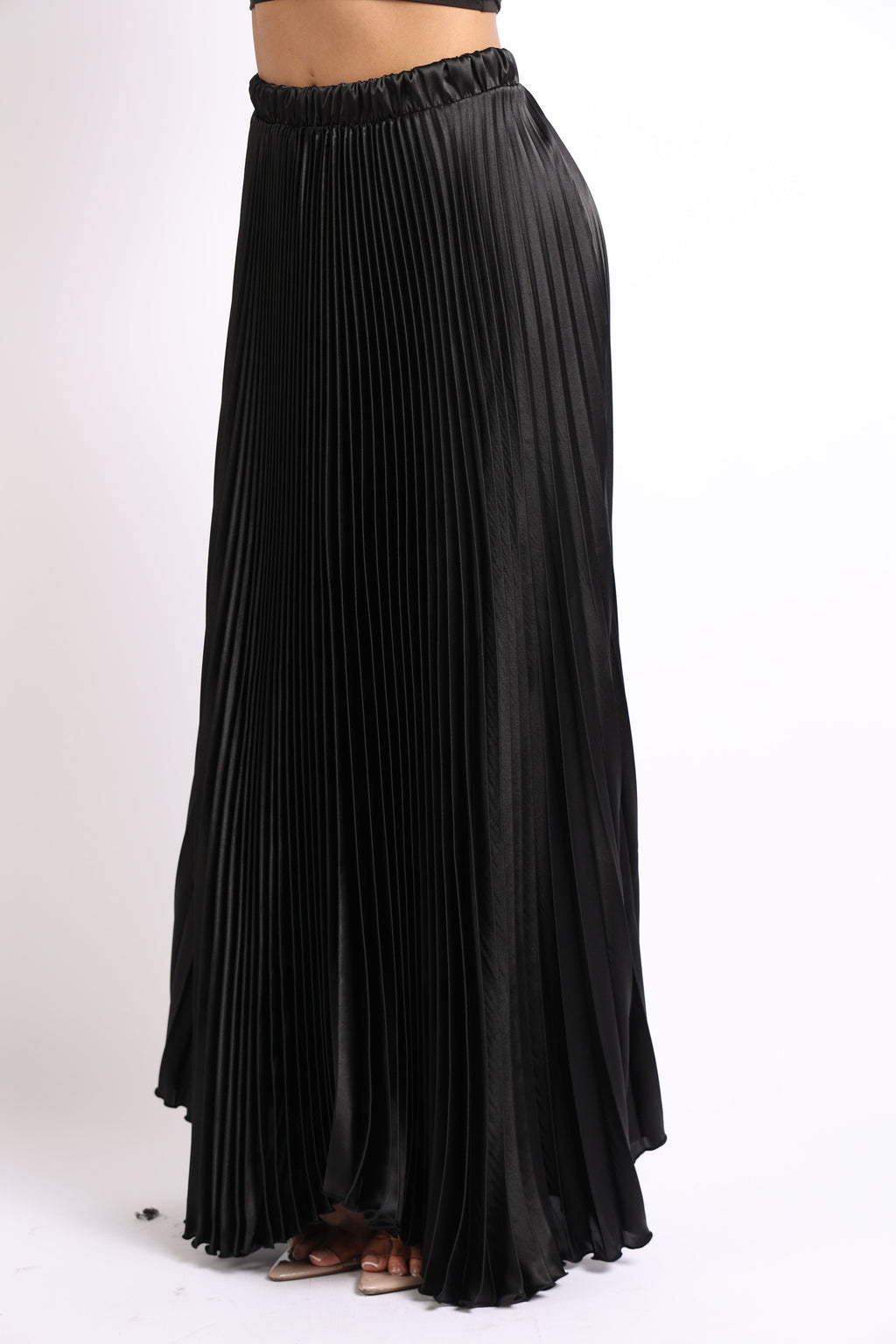 High Waist A-Line Pleated Satin Maxi Skirt BLACK