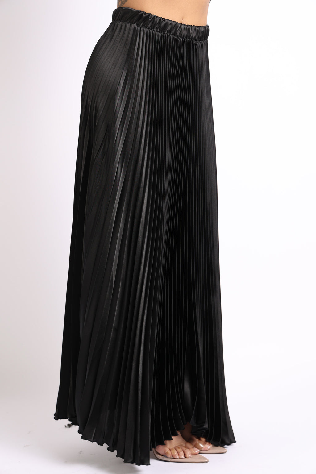 High Waist A-Line Pleated Satin Maxi Skirt BLACK