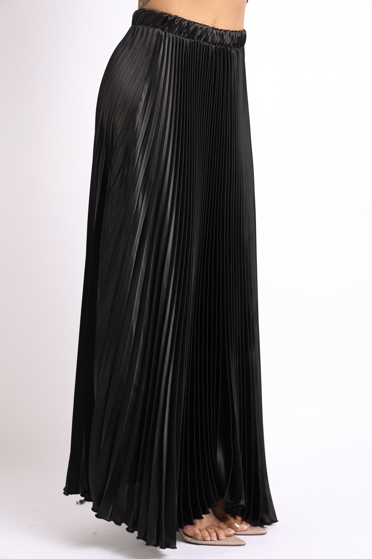 High Waist A-Line Pleated Satin Maxi Skirt BLACK