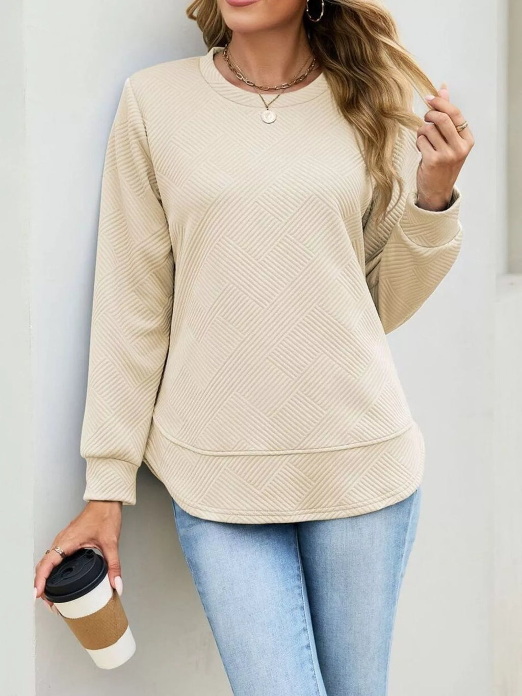 Textured Crew Neck Sweatshirt - Draped in Grace