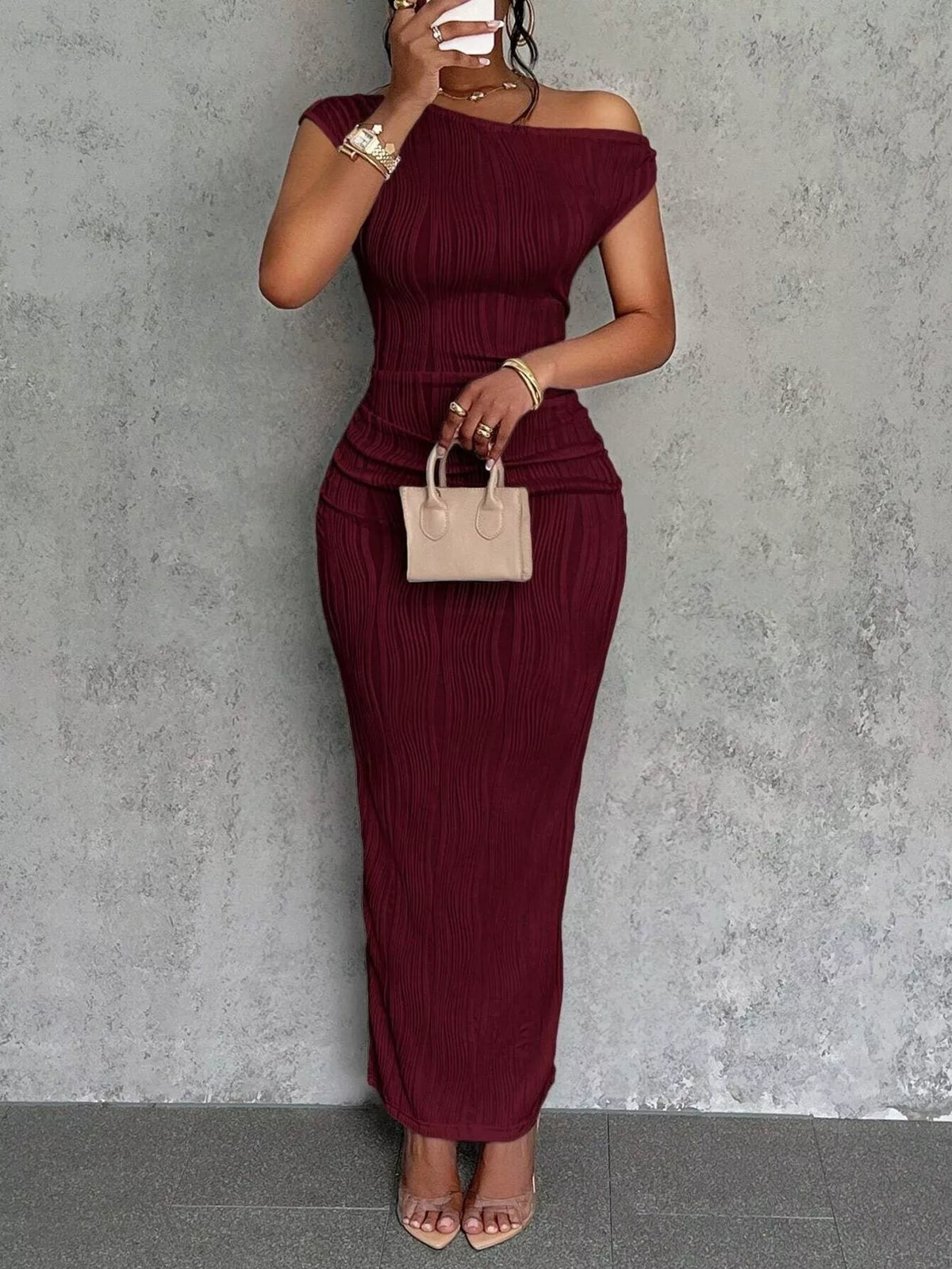 One-Shoulder Textured Maxi Dress - Draped in Grace