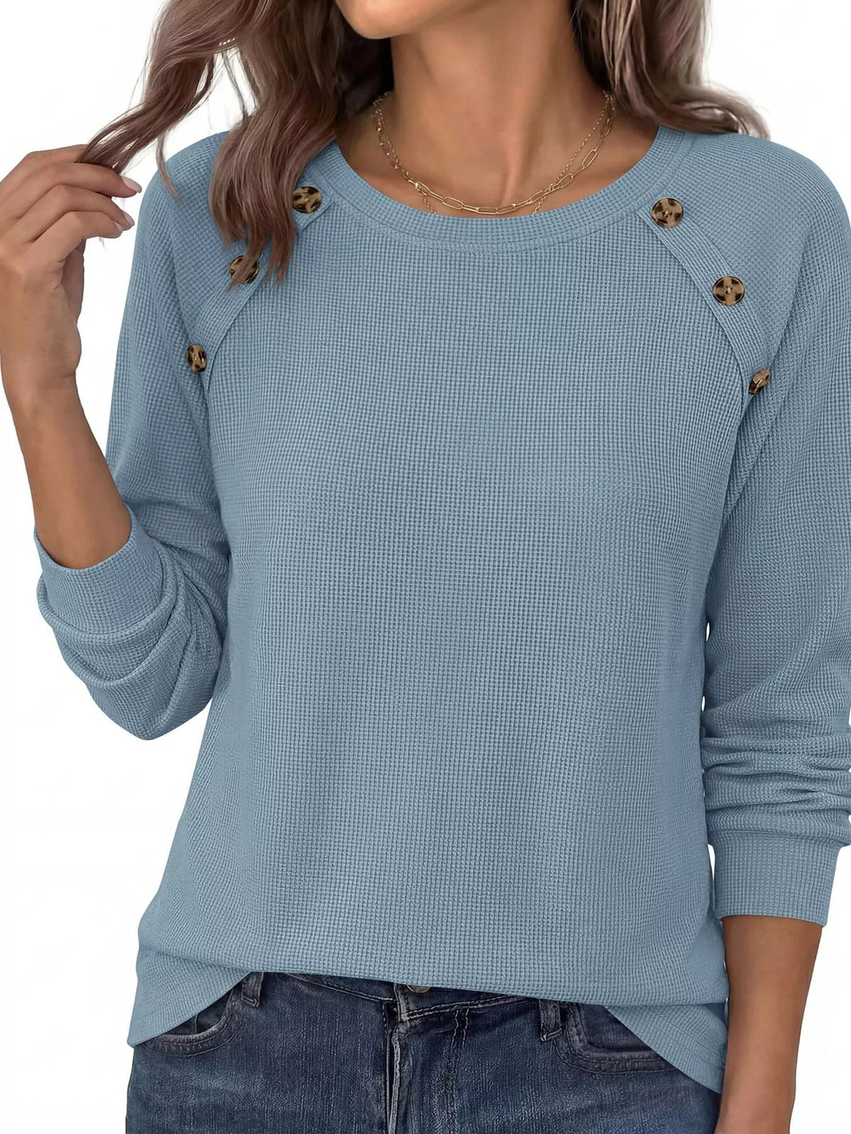 Decorative Button Waffle Knit Long Sleeve T-Shirt - Draped in Grace