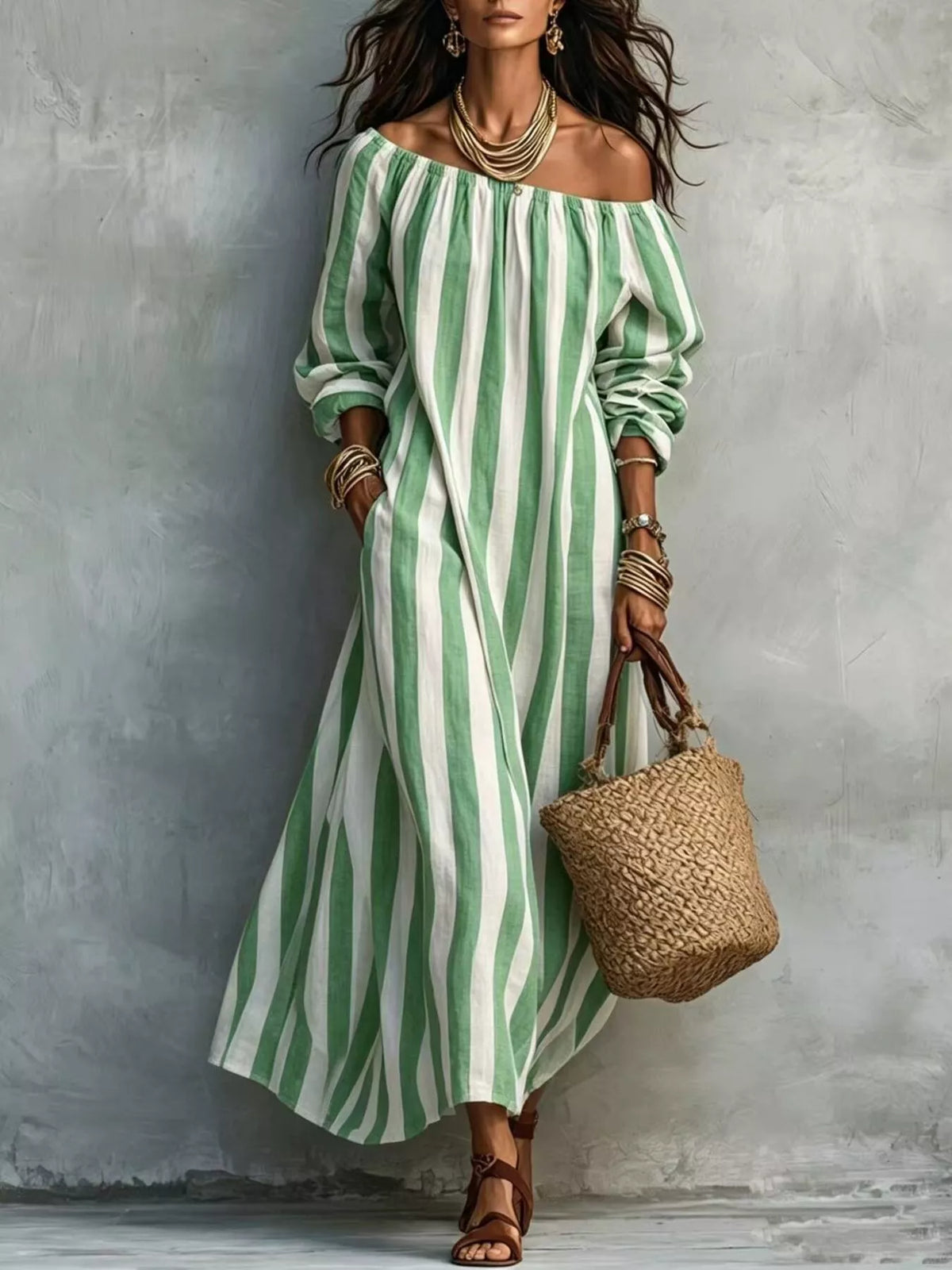 Off-Shoulder Striped Dress with Pockets - Draped in Grace
