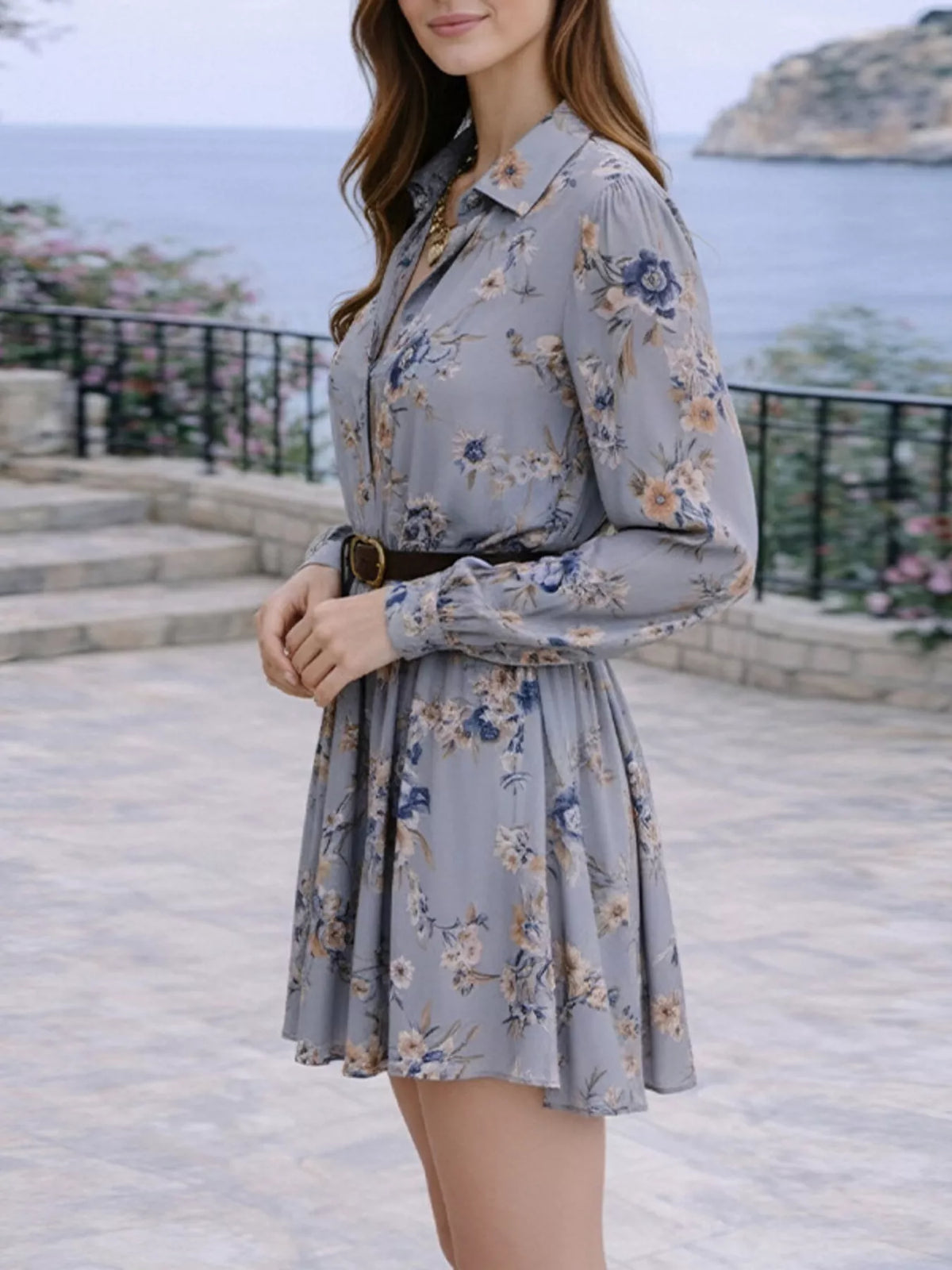 Full Size Floral Print Long Sleeve Shirt Dress Plus Size - Draped in Grace