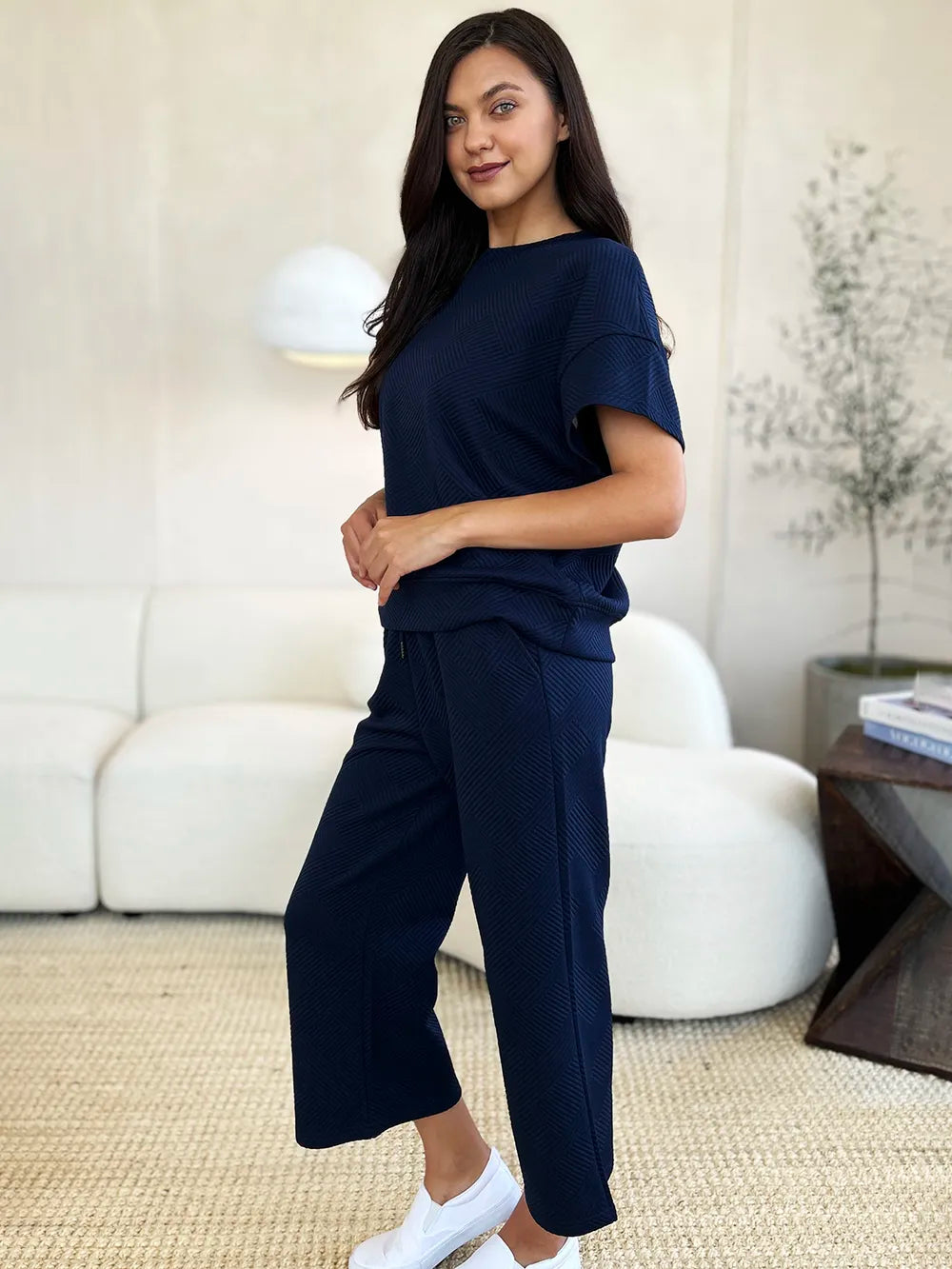 Double Take Full Size Texture Short Sleeve Top and Pants Set - Draped in Grace