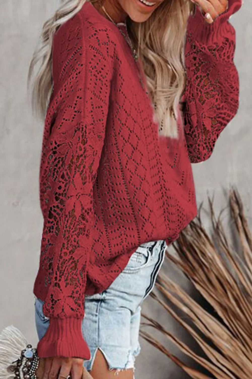 Openwork Round Neck Long Sleeve Sweater - Draped in Grace