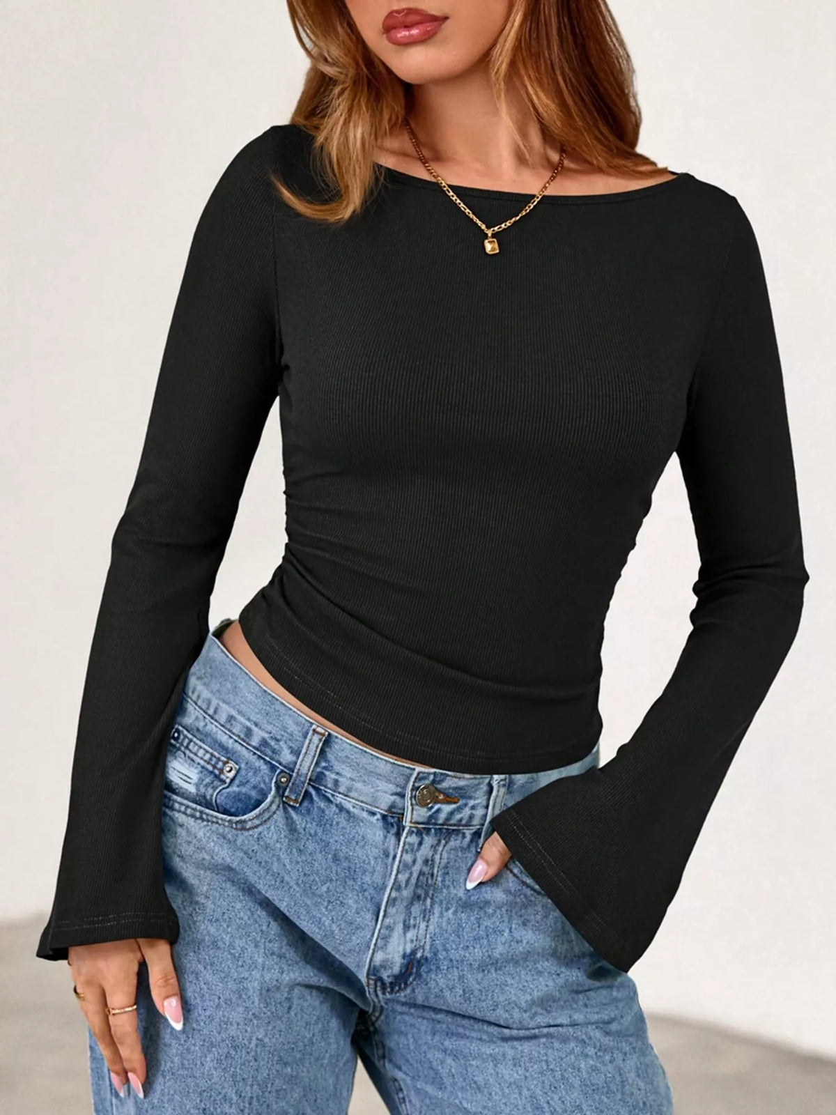 Boat Neck Flare Sleeve T-Shirt - Draped in Grace