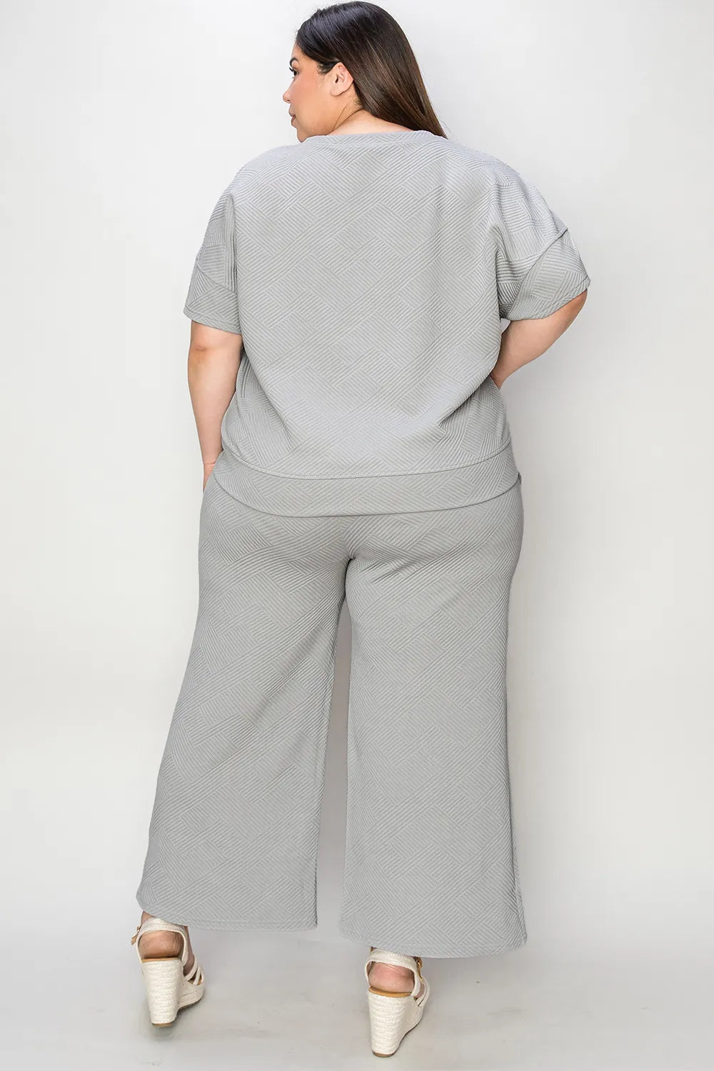 Double Take Full Size Texture Short Sleeve Top and Pants Set - Draped in Grace