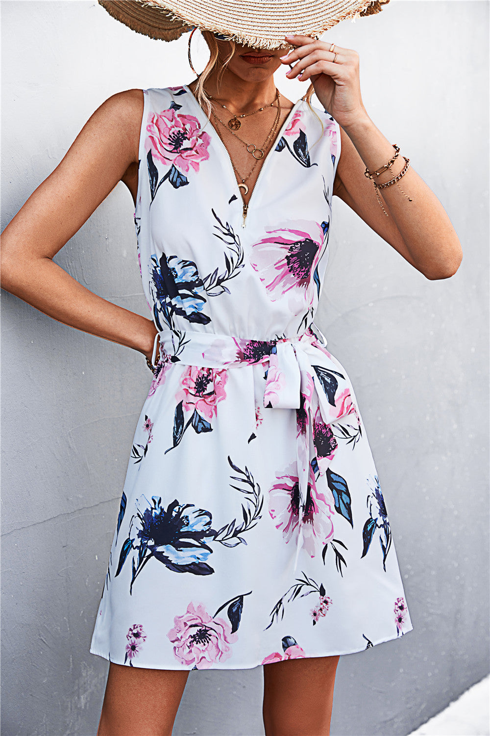 Printed Zip Detail Belted Sleeveless Dress - Draped in Grace