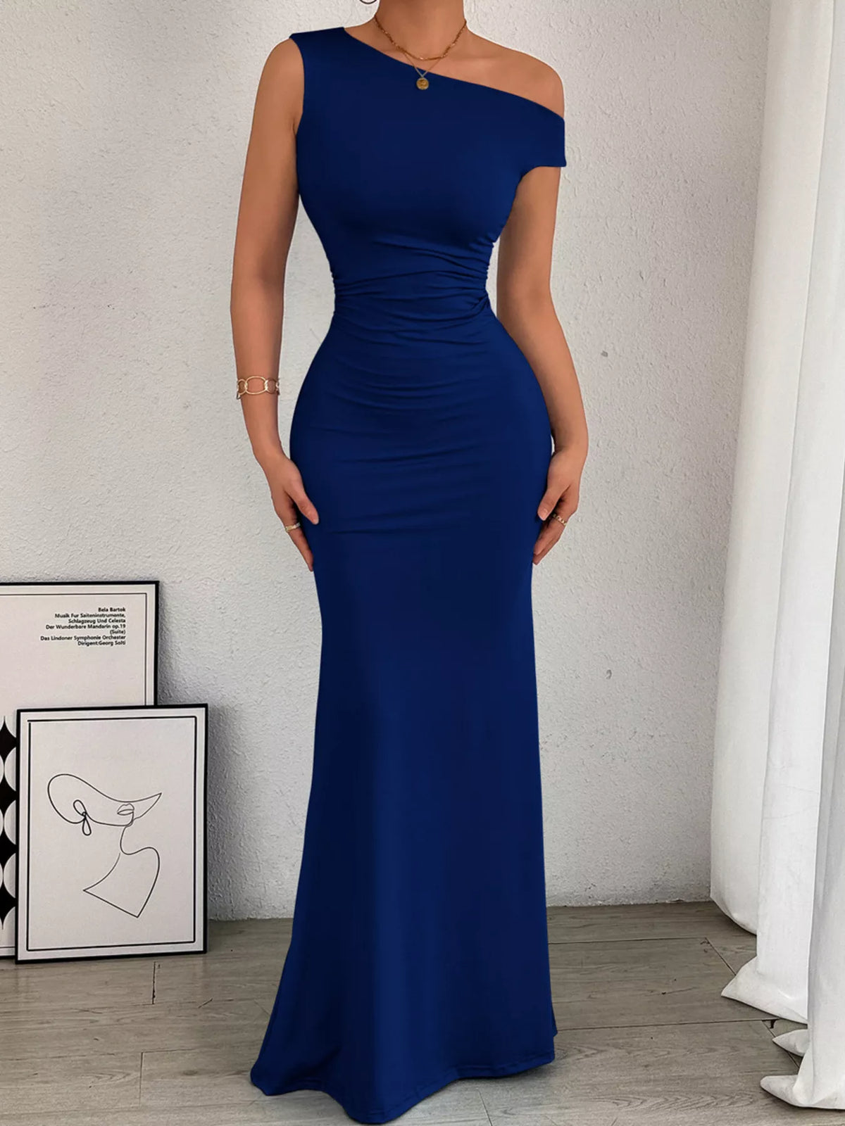 One-Shoulder Ruched Bodycon Maxi Dress - Draped in Grace