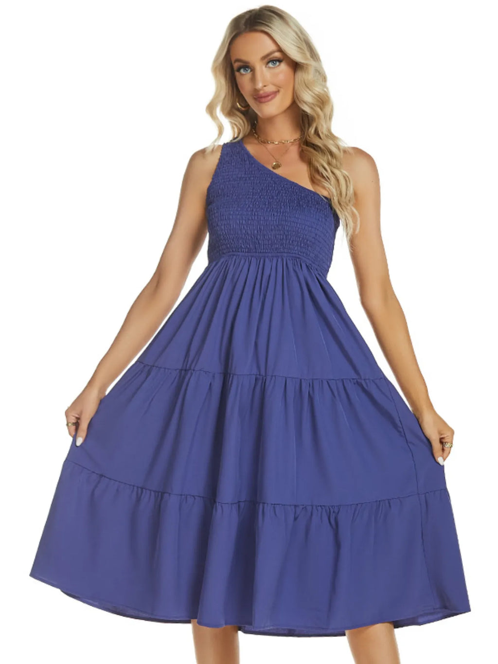 One-Shoulder Tiered Midi Dress with Smocked Bodice - Draped in Grace
