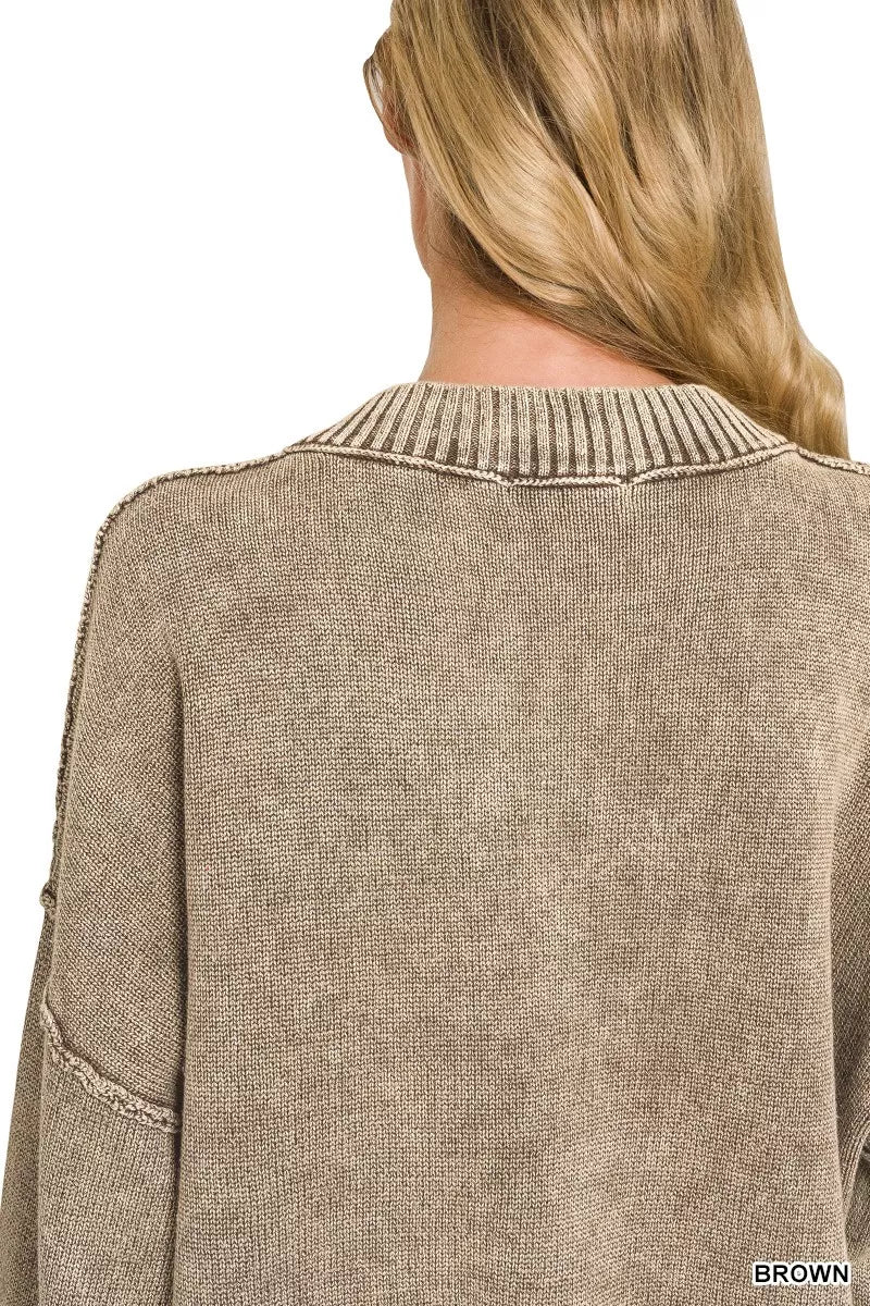 Zenana Washed Deep V-neck Oversized Sweater - Draped in Grace
