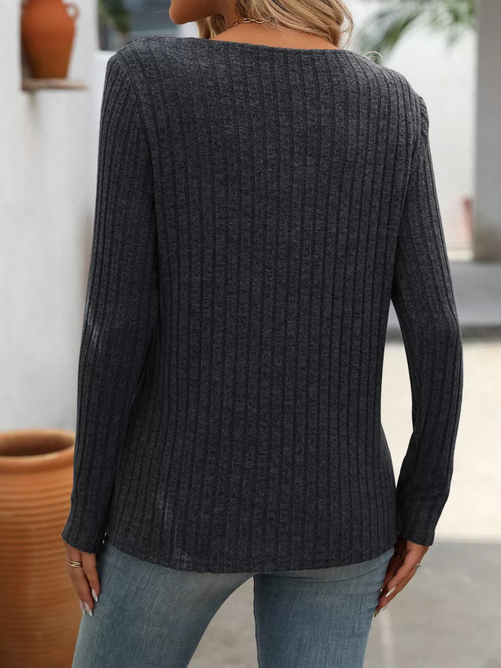 Ribbed Knit Long Sleeve Button Detail T-Shirt - Draped in Grace