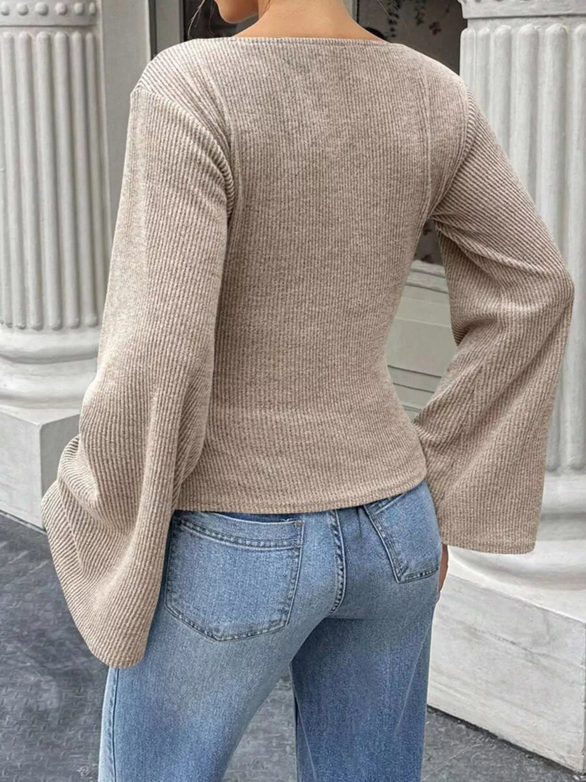 Ribbed Flare Sleeve Top with Ruched Detail - Draped in Grace