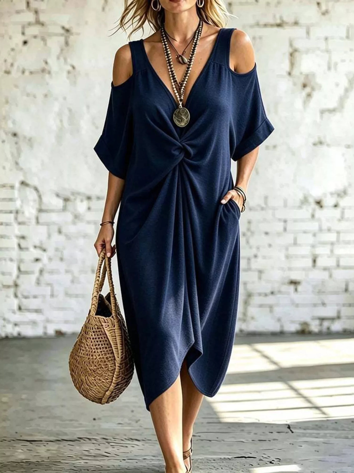 Full Size Cold Shoulder Twist Front Midi Dress Plus Size - Draped in Grace