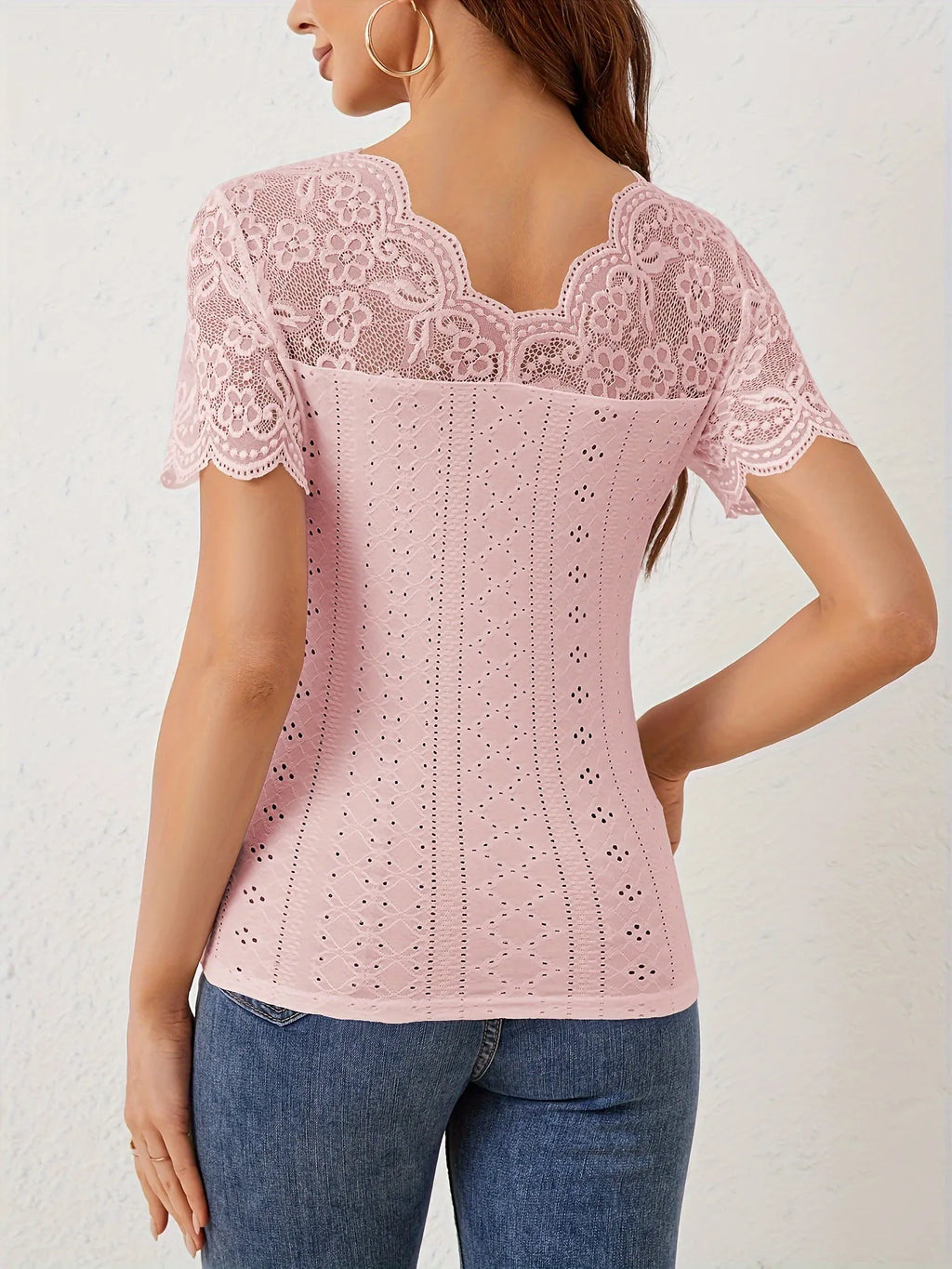 Lace Scalloped V-Neck Eyelet T-Shirt - Draped in Grace