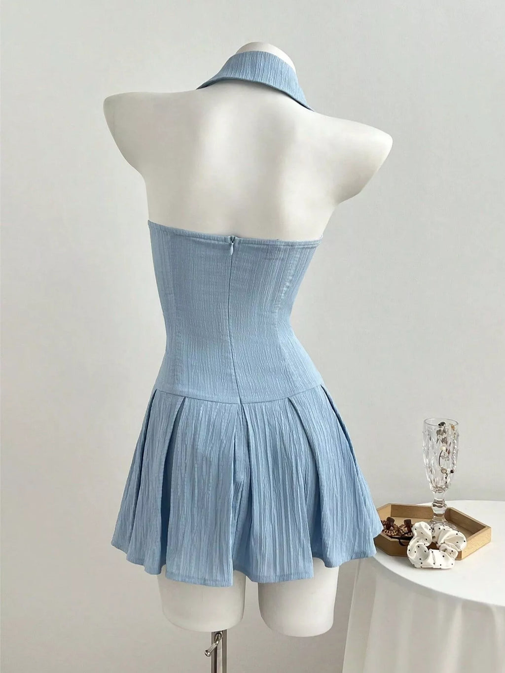 Halter Neck Bow Tie Pleated Mini Dress - Draped in Grace