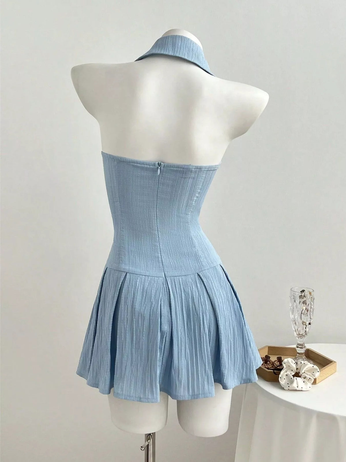 Halter Neck Bow Tie Pleated Mini Dress - Draped in Grace