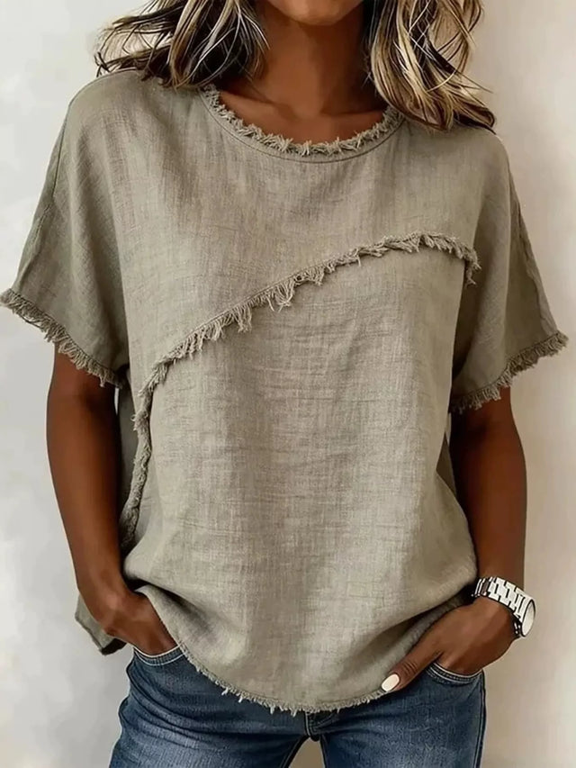 Full Size Frayed Hem Short Sleeve Top Plus Size - Draped in Grace