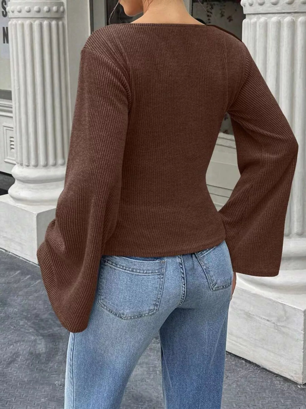 Ribbed Flare Sleeve Top with Ruched Detail - Draped in Grace