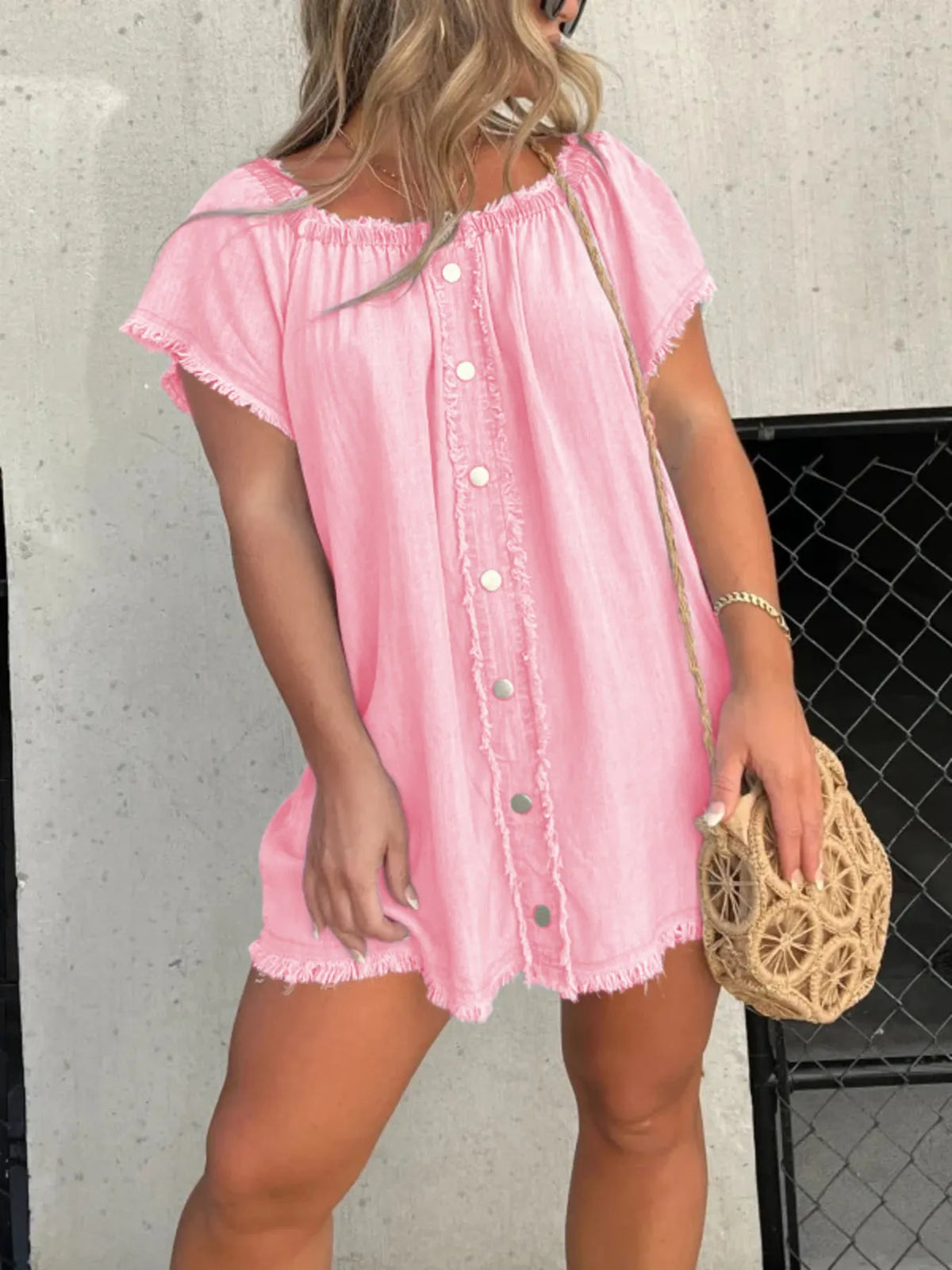 Full Size Raw Hem Mini Denim Dress Plus Size - Draped in Grace