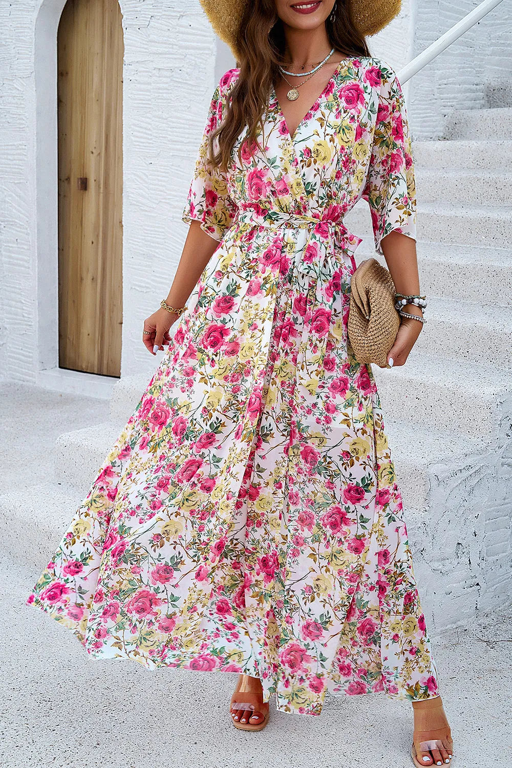 Devine Printed Tied Half Sleeve Slit Dress - Draped in Grace